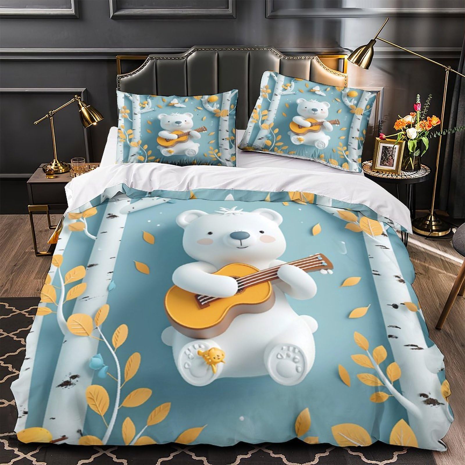 Parure de lit 3D ours mignon et housse de couette microfibre hypoallergique 200x200cm pour couple