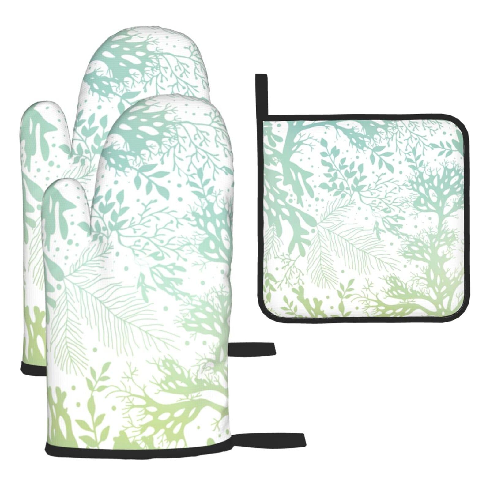 Green Sea Blue Seaweed Print Oven Mitts Kitchen Gloves Set Everyday Baking Grilling Microwaving Cooking Gift