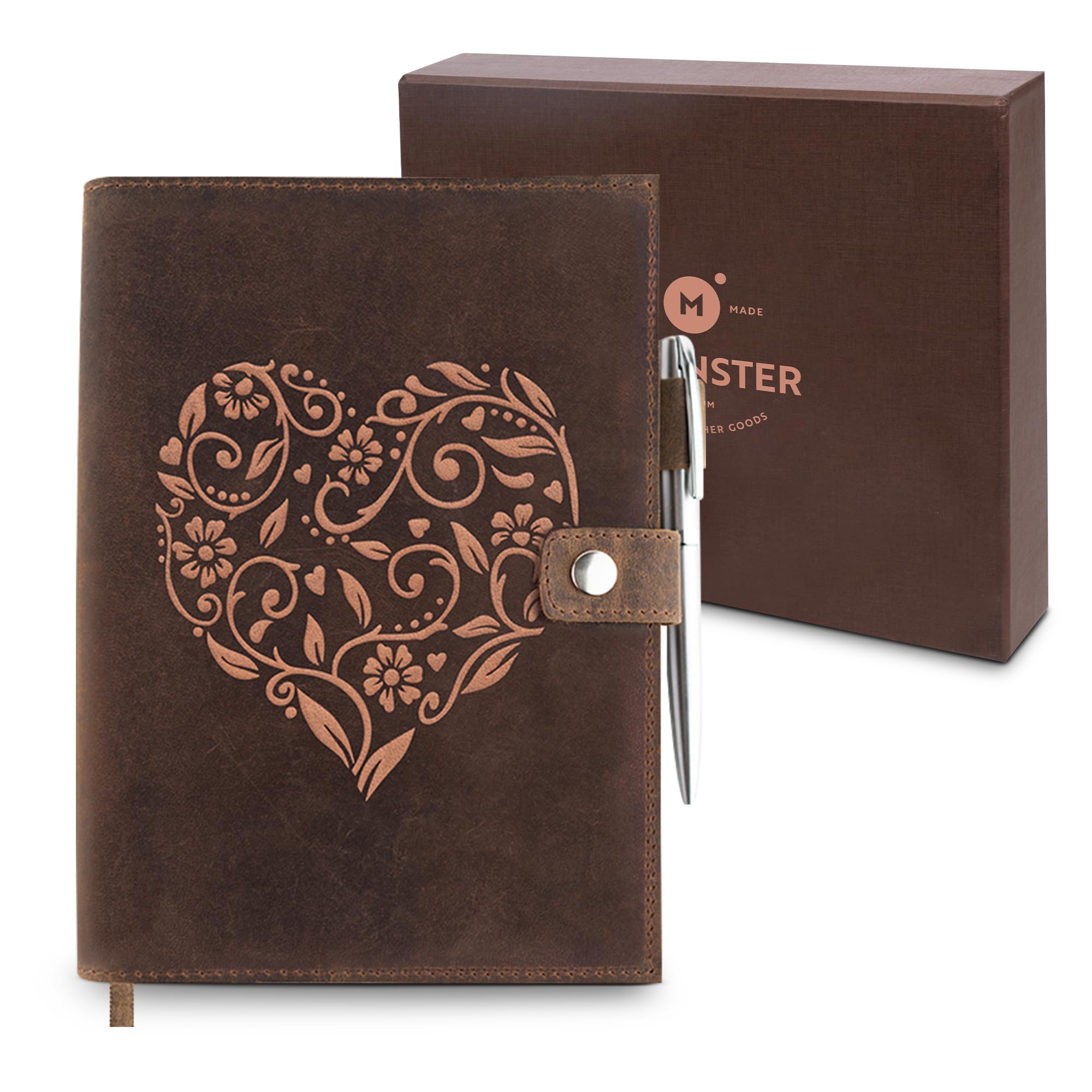 moonster Auffüllbares Liniertes Notizbuch Leder - Heft mit Stift - Tagebuch für Erwachsene mit Herz – Handgemachtes Notizbuch Klein aus Echtleder mit Stifthalter, hochwertigem A5-Papier & Luxus-Stift
