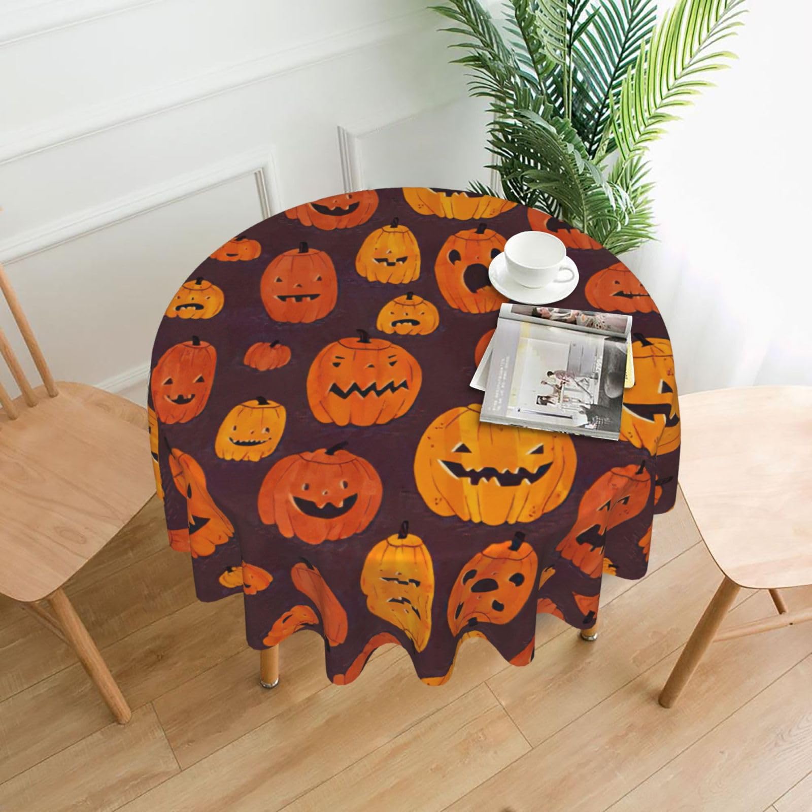 SDEGTHO Halloween Pumpkin1 Print Modern Retro Round Tablecloth 60in Polyester Fabric Cover for Party Dining Table Washable