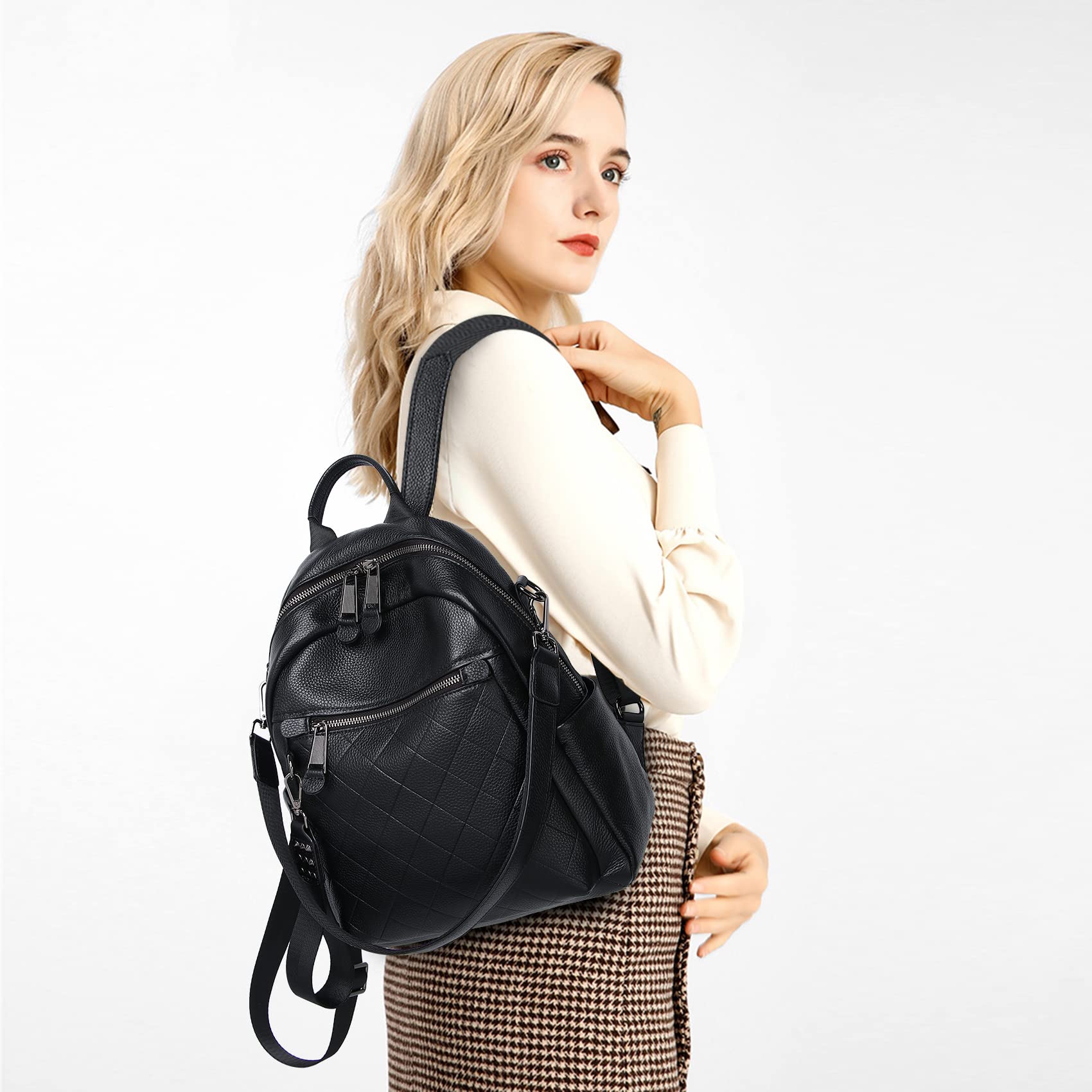 Condition photo showing New/Like New for wesccimo genuine leather backpack purse for women black quilted real soft leather convertible shoulder bag