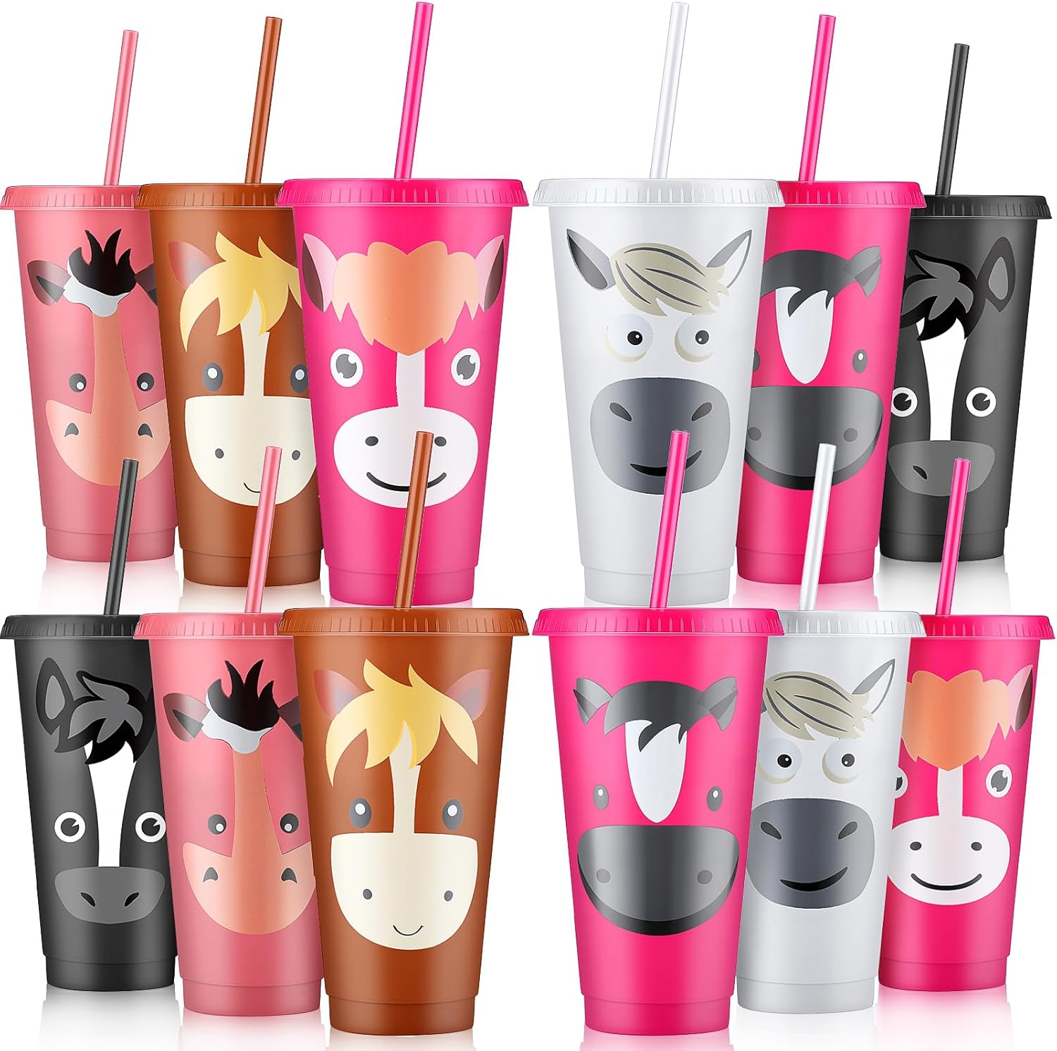 Mifoci Horse Party Favors Horse Cups with Lid Straw 24 oz Plastic Drink Cups Bulk Reusable Tumblers for animal Theme Party Supplies Christmas Thanksgiving Birthday Gifts(12 Pack)