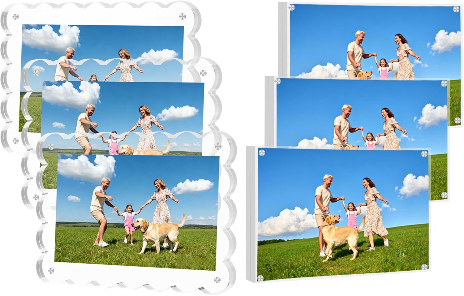 KRT 6 Pack Acrylic Picture Frames 4x6, Scalloped Acrylic Frame, Desktop Display Vertically or Horizontally Transparent Clear Double Sided Magnetic Picture Frame