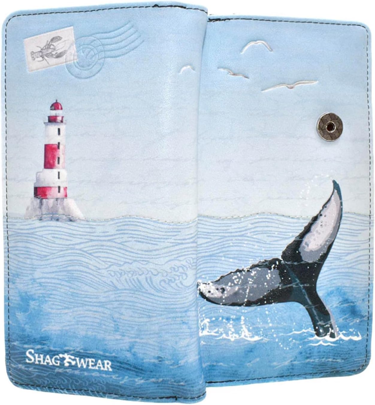 Shag Wear Whale Tail Large Wallet Vegan Faux Leather Ocean Design Clutch with Card Slots Bill Compartments ID Window Zippered Coin Pocket 7"