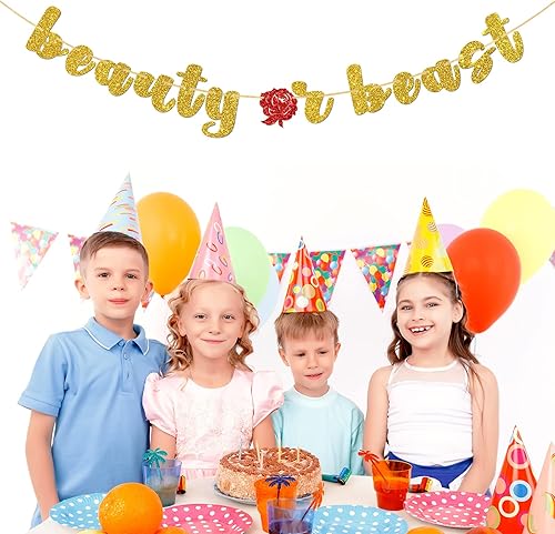 Miniatura 4 de Banner de bella o bestia, pancarta de baby shower, revelación de género, decoración de guirnalda de despedida de soltera, purpurina dorada