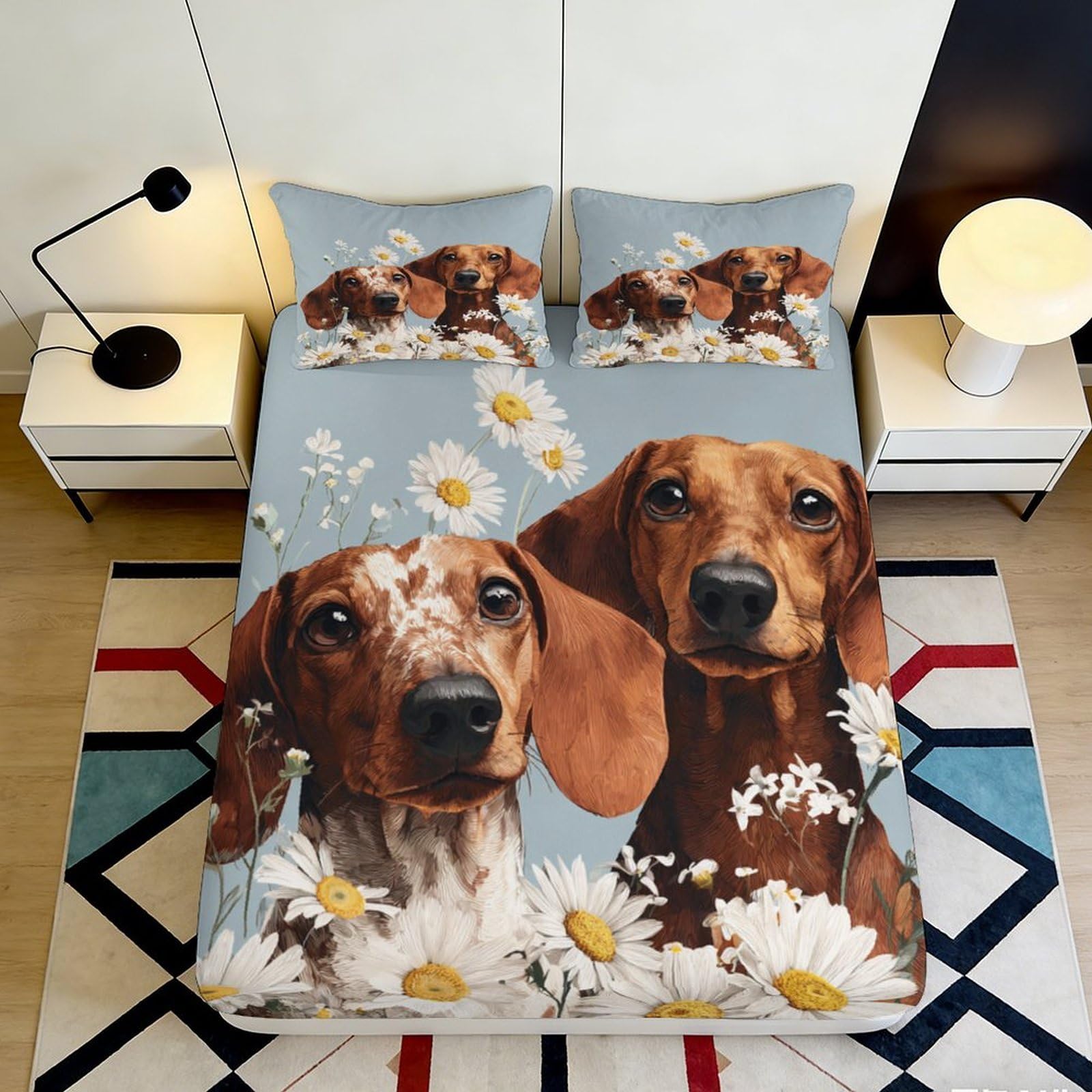 3D Printed Dachshund Dog Fitted Sheet Microfiber Soft Blue Floral Bed Cover for Bedroom Guest Room Dorm Decor 90x200x25cm