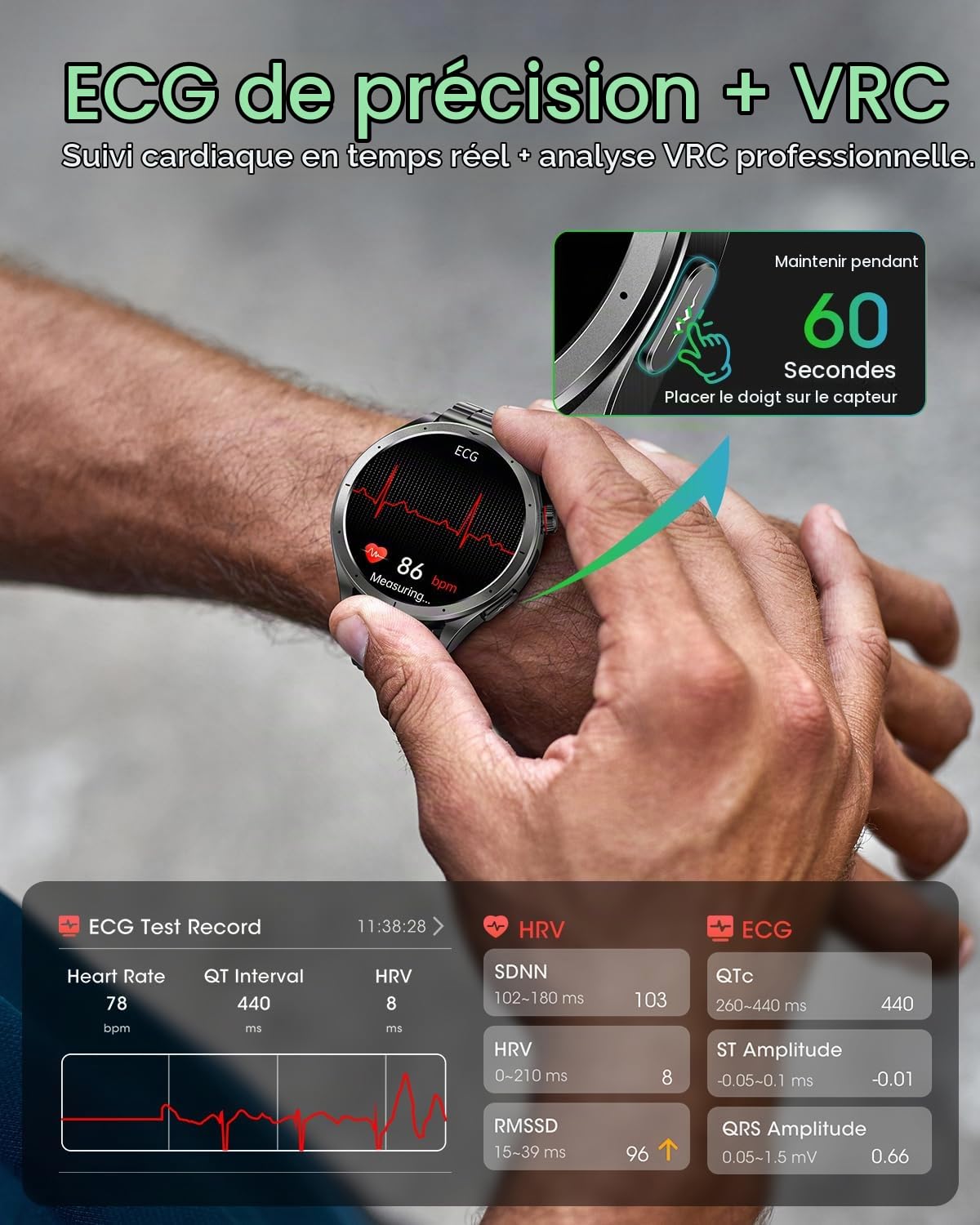 Montre Connectée Homme avec ECG, VFC, Tension Artérielle | 1,53" Smartwatch avec Mini-Bilan de Santé, 24H Sommeil/Fréquence Cardiaque/SpO2, AI-GPT, SOS, 120+ Modes Sport, Android iOS