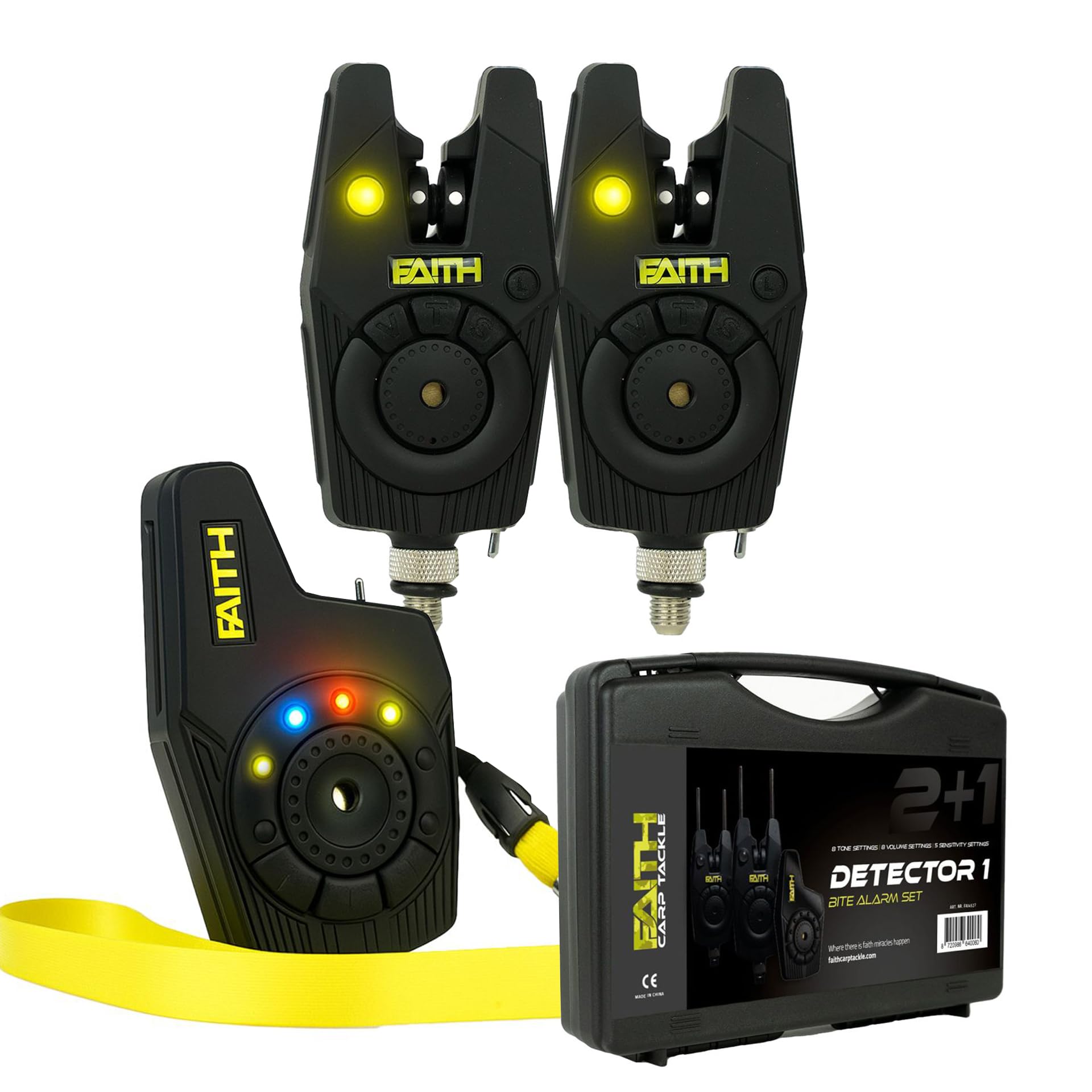 Faith Detektor Beetmelder Set kabellos - 220m Reichweite - Erweiterte Soundeinstellungen - Innovative LED-Anzeige - Anpassbare Empfindlichkeit - Praktischer Koffer - Für ultimatives Angelerlebnis
