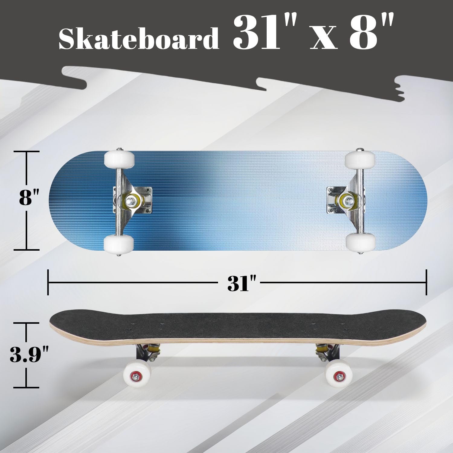 Complete Skateboard with Reeded Glass Blurred Sky Blue Refraction Texture Acrylic Ribbed Beginner Skateboard 7-Layer Maple Wood Double Kick Concave Skateboards for Kids, Adults, Teens 31