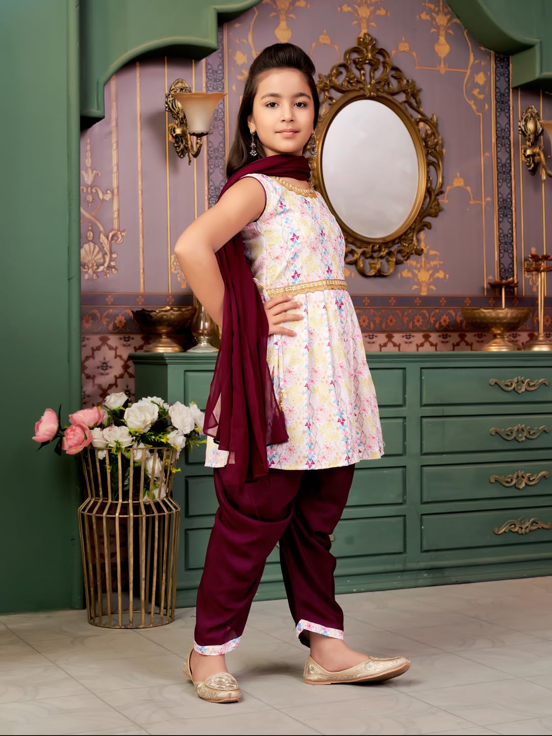 Aarika Girls Ethnic Wear Purple-White Colour Sequin Embroidery Lace Work Polycrepe Kurti Patiala Set With Dupatta-3-13 Years (Pt-5010)