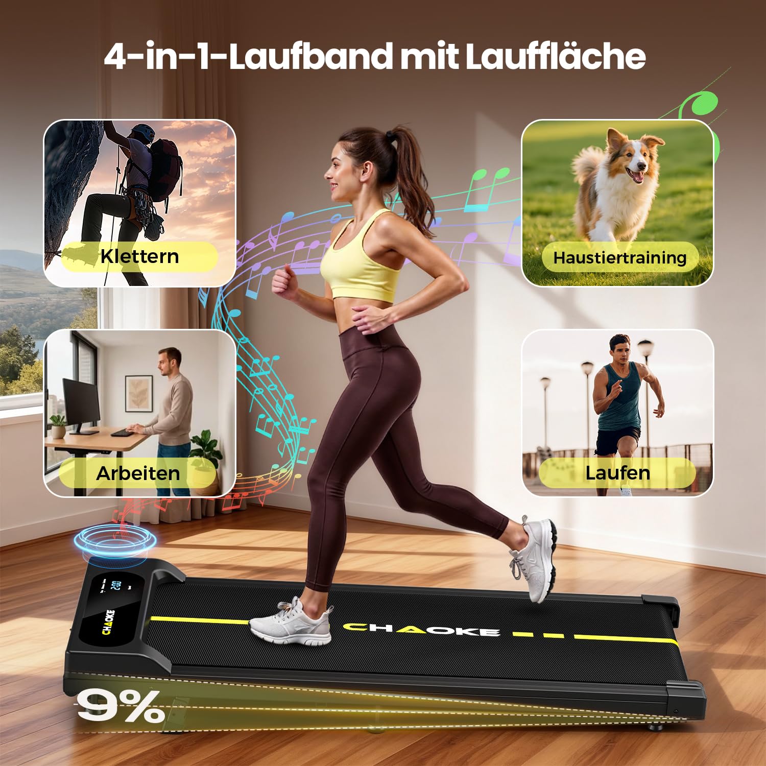 CHAOKE Walking Pad mit Steigung 9%, 1-10 km/h Laufband für Zuhause mit APP, 2.75HP Walking Pad Cardio für Home-Office mit Eingebaute Lautsprecher, LED-Anzeige, Leise Schreibtisch Laufband