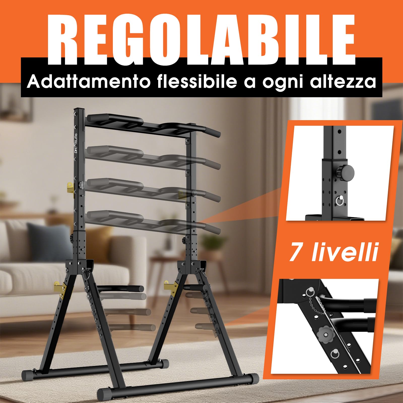 DH FitLife Power Tower Dip Station Pieghevole | Barra per Trazioni Autoportante con Dip Parallele e Supporti per Bilanciere/Schienale | Stazione Fitness Multifunzionale | Power Rack for Home Gym