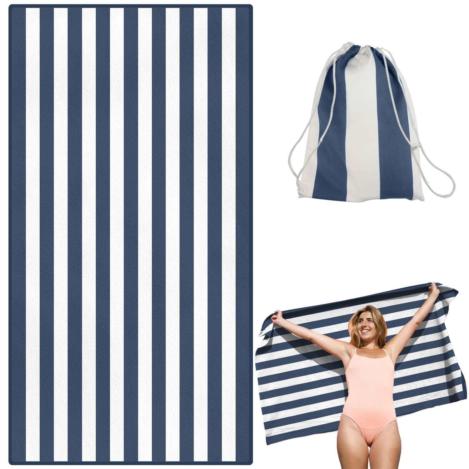Victoper Men's 160*80 Deep Blue Stripes Microfiber Beach Towel D Rapid Drying Sand Free Soft Compact Lightweight Qualities Beach Towels For Adults Ideal For Swimming Beach Yoga Camping Gym Carry Bag Deep Blue Stripes 63X32 Inch