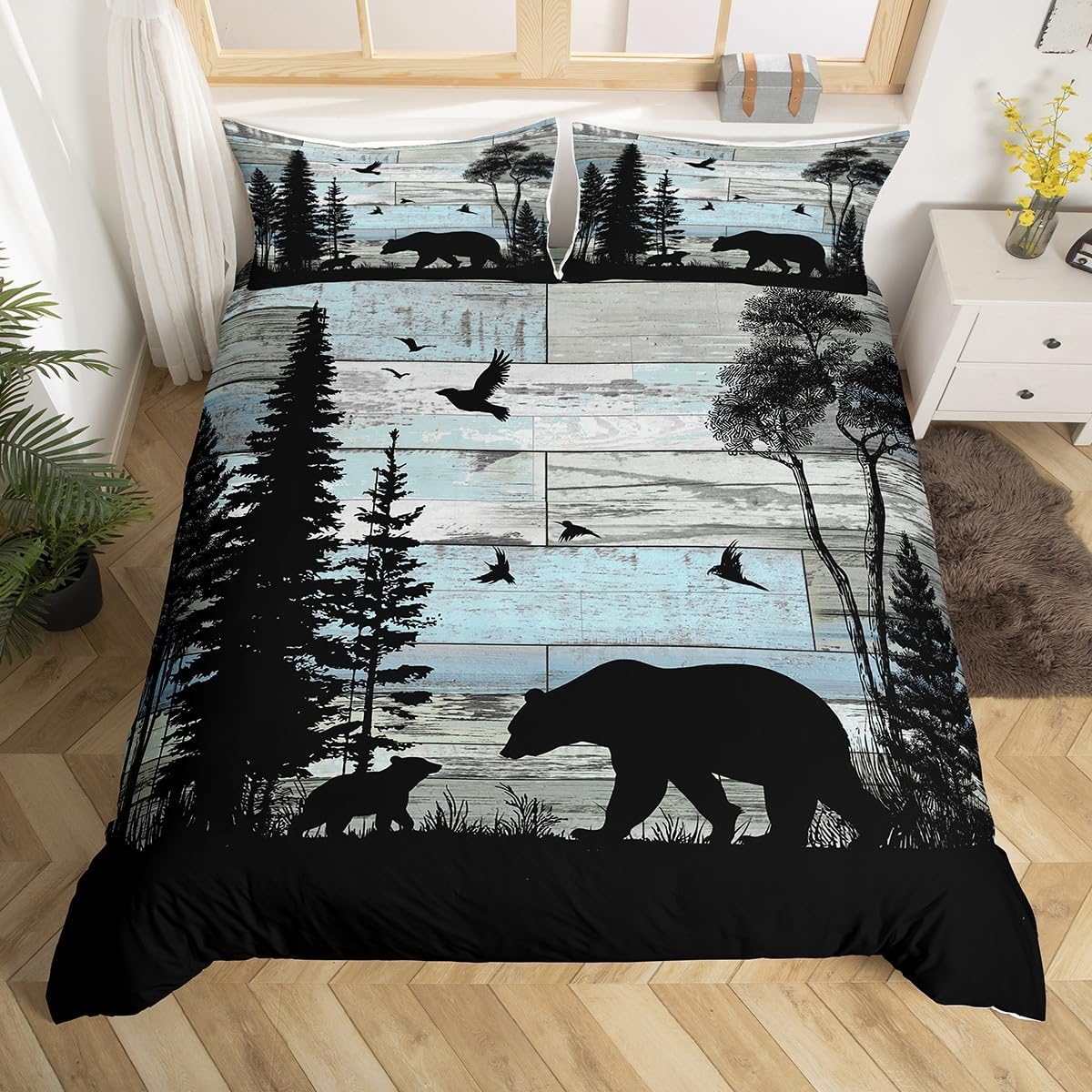 Feelyou Kids Bear Bedding Set Toddler Size, Rustic Cabin Country Comforter Cover Boys Girls Wild Animal Duvet Cover Farmhouse Teens Bedroom Decor Bedclothes Zipper (No Comforter)