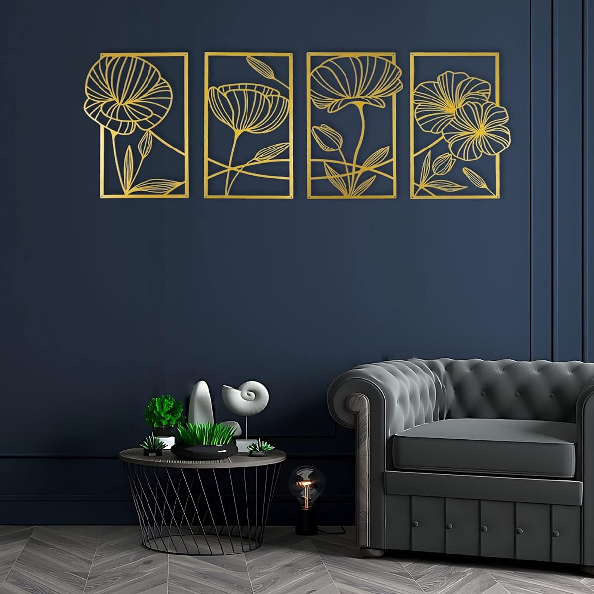 4Pcs Metal Lotus Wall Decor Abstract Floral Line Art Sculpture | Minimalist Wall Decor for Bedroom Flowers Hanging Wall Sculpture for Living Room Kitchen Office and Yoga Room (Gold)