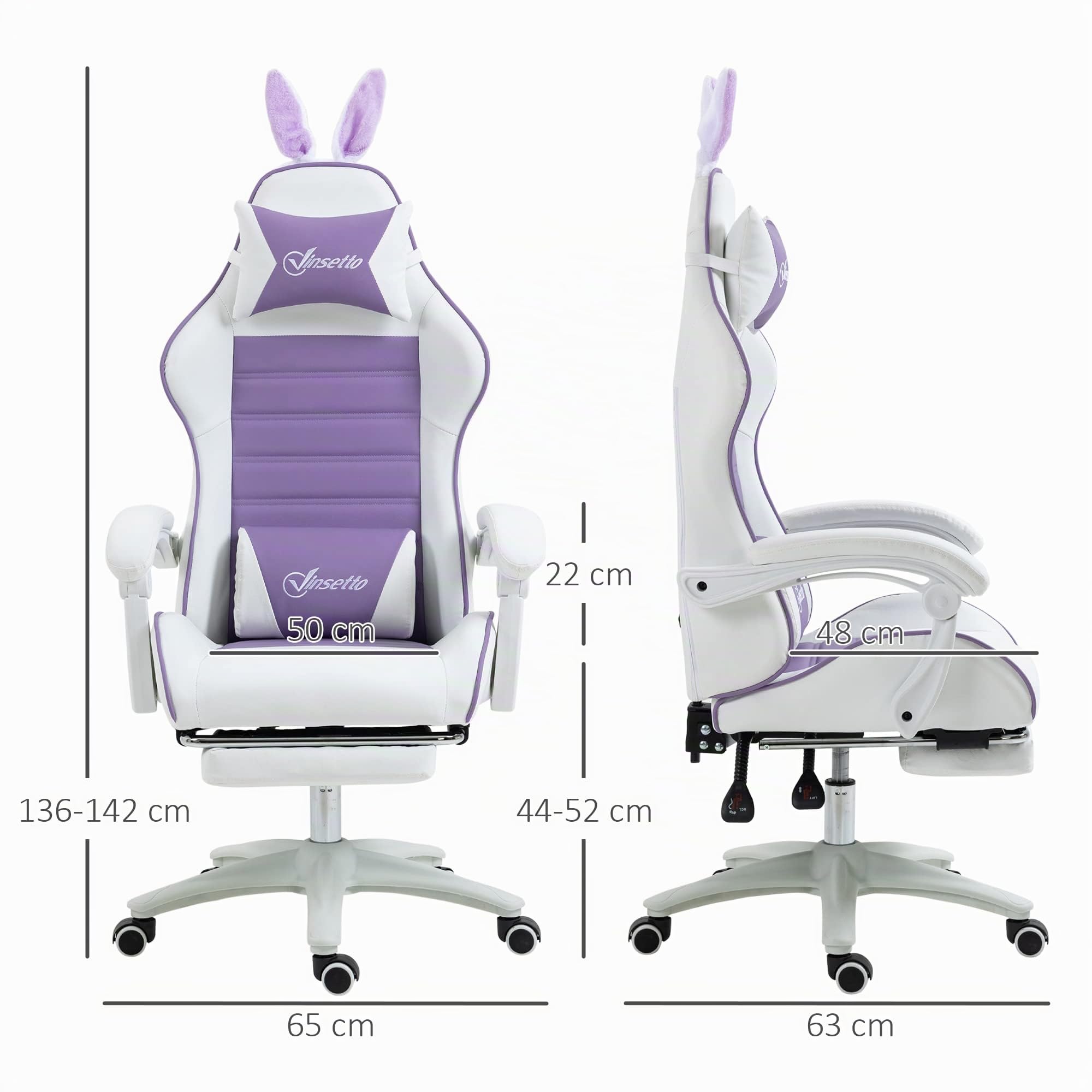 Vinsetto Sedia Gaming Ergonomica Reclinabile con Orecchie da Coniglio Viola | Poltrona Gaming con Poggiapiedi Estraibile, Cuscino Lombare e Poggiatesta, Altezza Regolabile