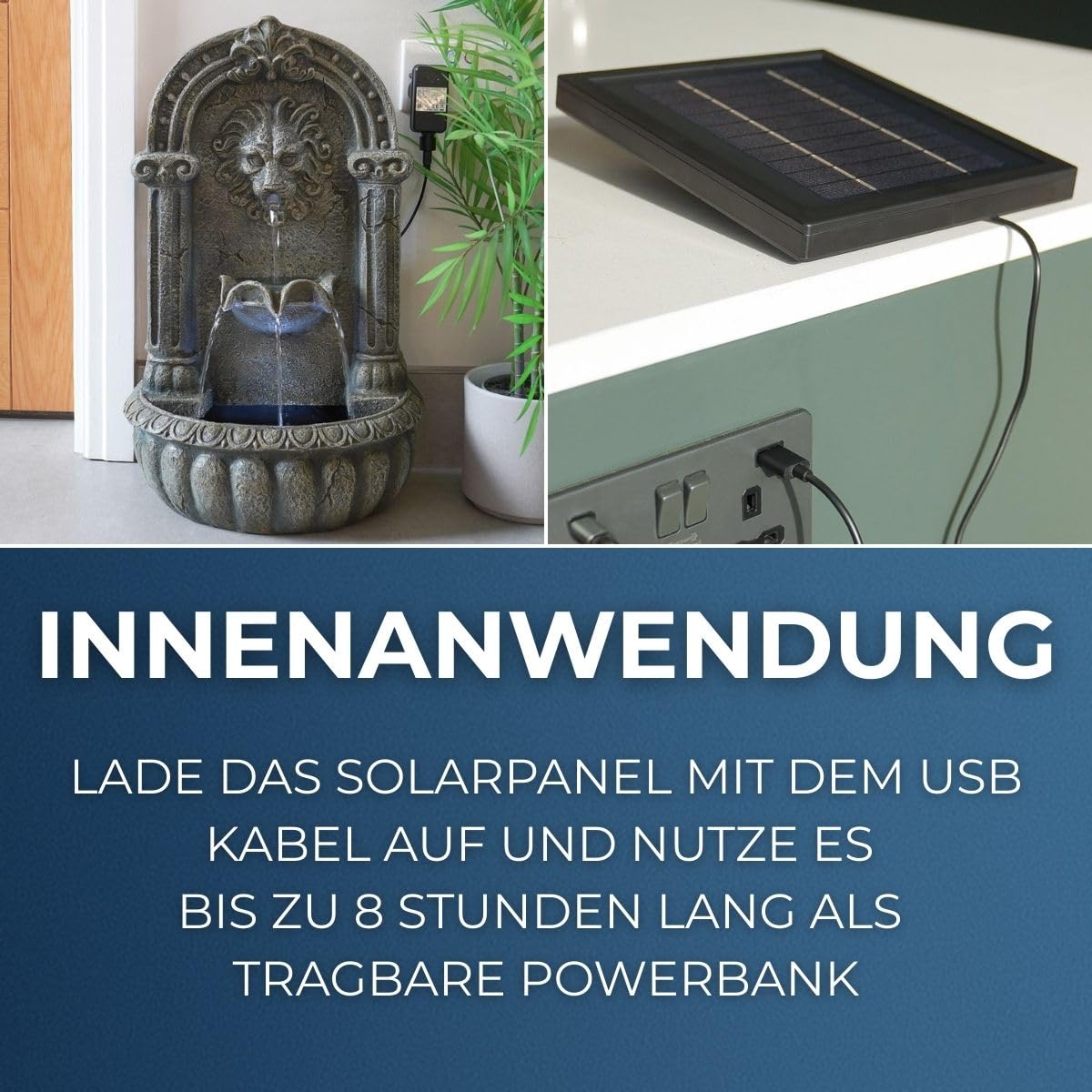 Festive Lights Fontaine solaire à LED - 55 cm - Tête de lion italienne - Solaire et USB - Fontaine de jardin pour l'intérieur et l'extérieur - Jeu d'eau de jardin