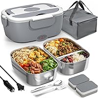 Sitlais 80W Heated Lunch Box with Dual 1.5L 304 Stainless Steel Containers - Portable Electric Food Warmer for Car, Office, Travel