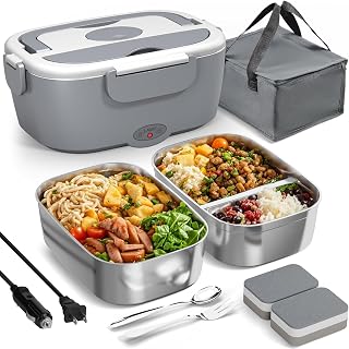 Sitlais 80W Heated Lunch Box with Dual 1.5L 304 Stainless Steel Containers - Portable Electric Food Warmer for Car, Office, Travel