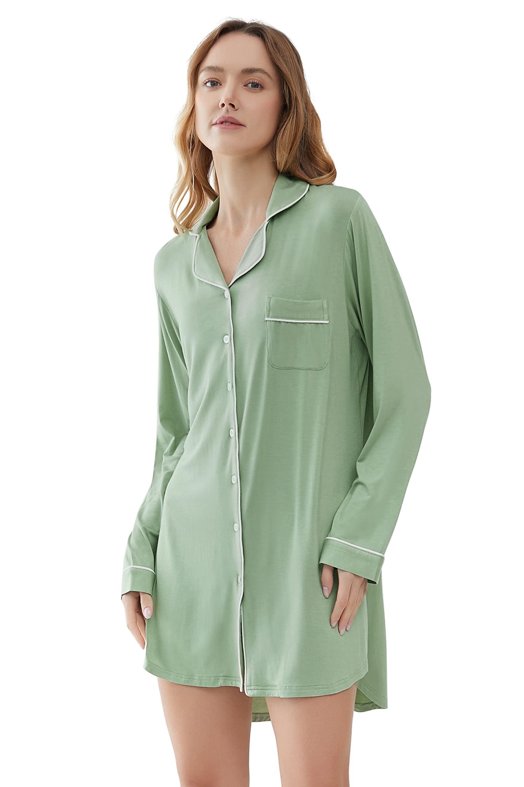 Joyaria Damen Nachthemd Langarm Durchgeknöpft Knopfleiste Pyjama Schlafshirt/Nachtkleid Kurz