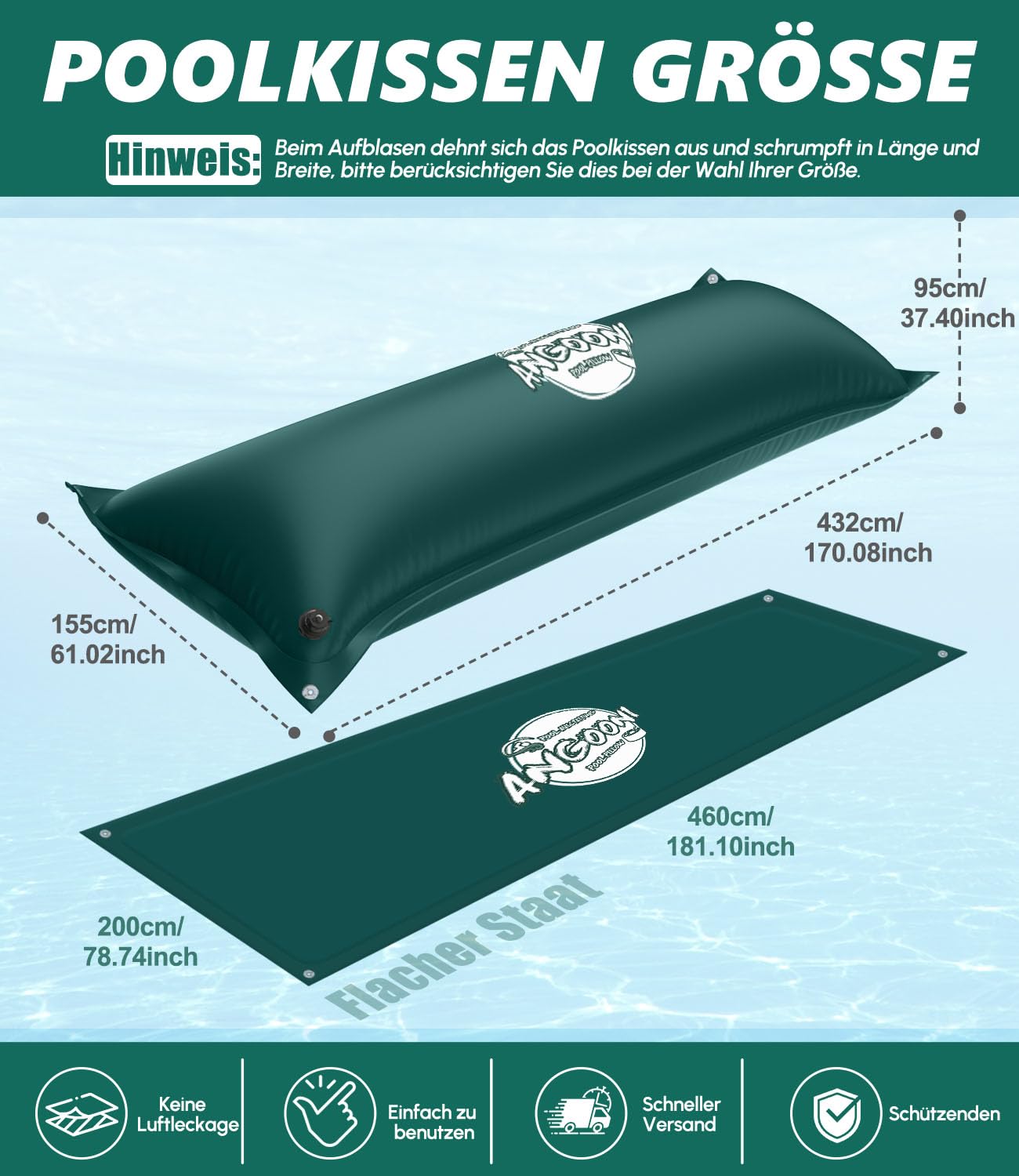 Angooni Poolkissen Winter 200 x 450 cm XXL (für 320-750 x 550-860 cm Pools) | Luftkissen Pool mit Doppelnaht zur Poolabdeckung | Pool Kissen für den Winter mit Boston Dual-Inflation Ventil | Grüner