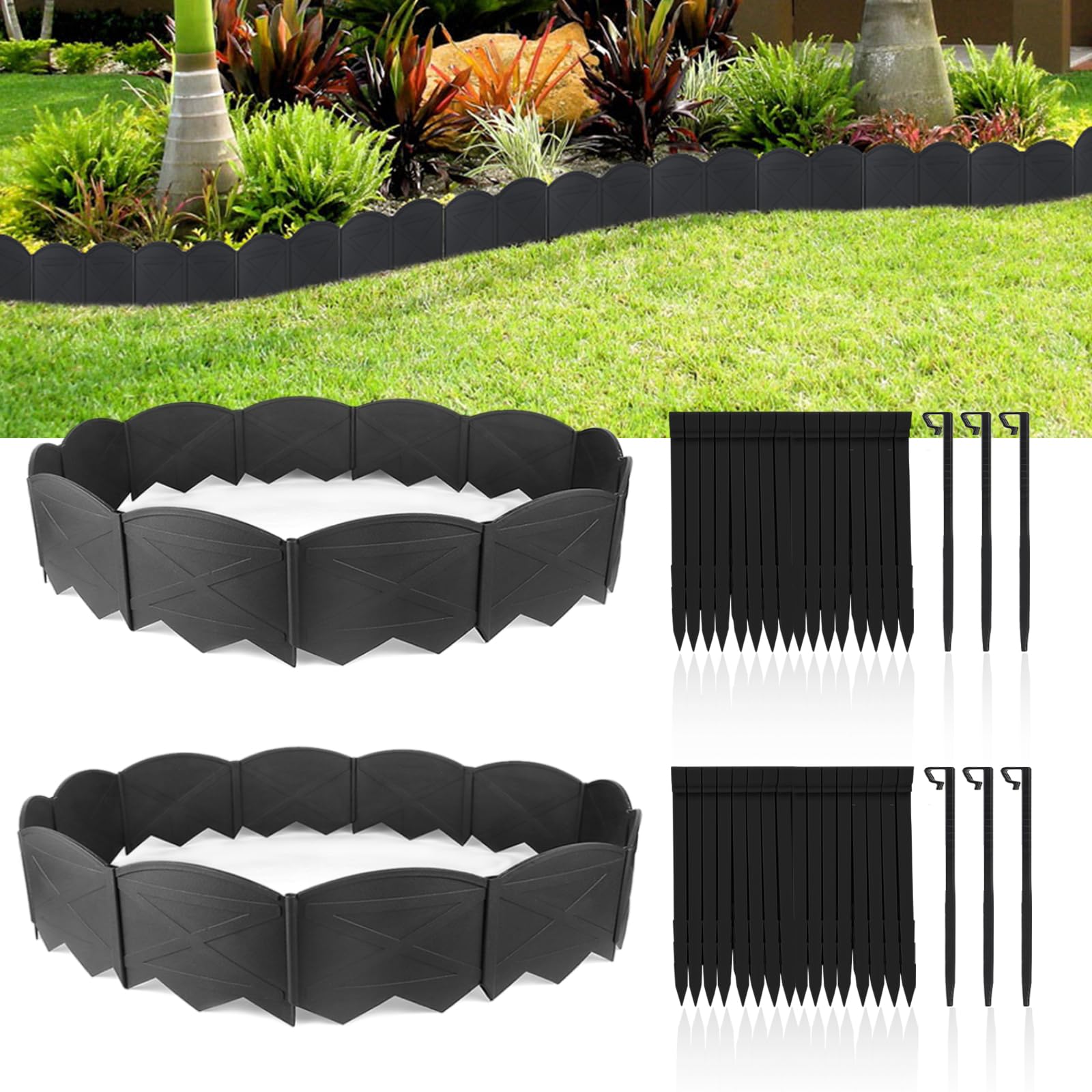 Vashly Upgraded 40Pcs Garden Edging Border Edging for Landscaping,Plastic Landscape Edging,40.6Ft No dig Landscape Edging Border with 40Pcs Anchoring Stakes Kit for Landscaping,Gardens,and lawns