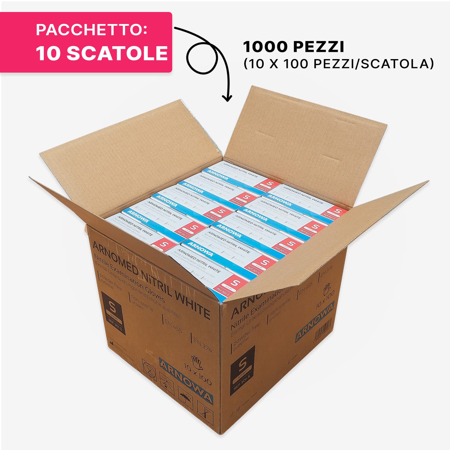 1000x ARNOMED® Guanti nitrile S Bianco, Guanti monouso senza polvere e lattice, Guanti plastica usa e getta dermanytril, Per cucina, pulizia casa, alimenti e tattoo XS, S, M, L, XL