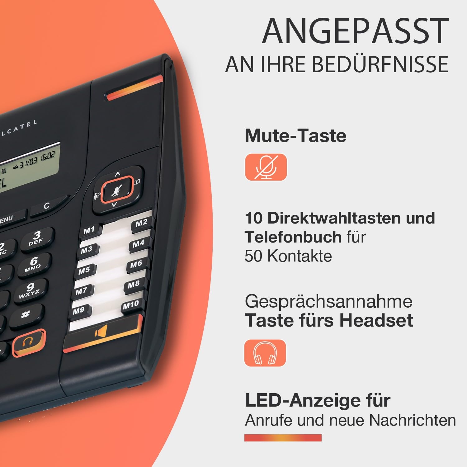 ALCATEL Temporis 580 PRO - Professionelles Festnetztelefon - Alphanumerische Anzeige - Stummtaste - Visuelle Anrufanzeige - Einstellbare Lautstärke - Rückruftaste - 10 Direktwahltasten - Schwarz