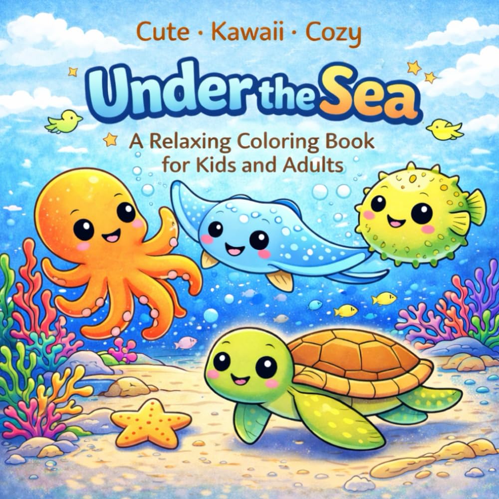cute kawaii cozy Under the Sea Coloring Book: Cute Kawaii cozy Sea Animals – A Relaxing Coloring Book for Kids and Adults