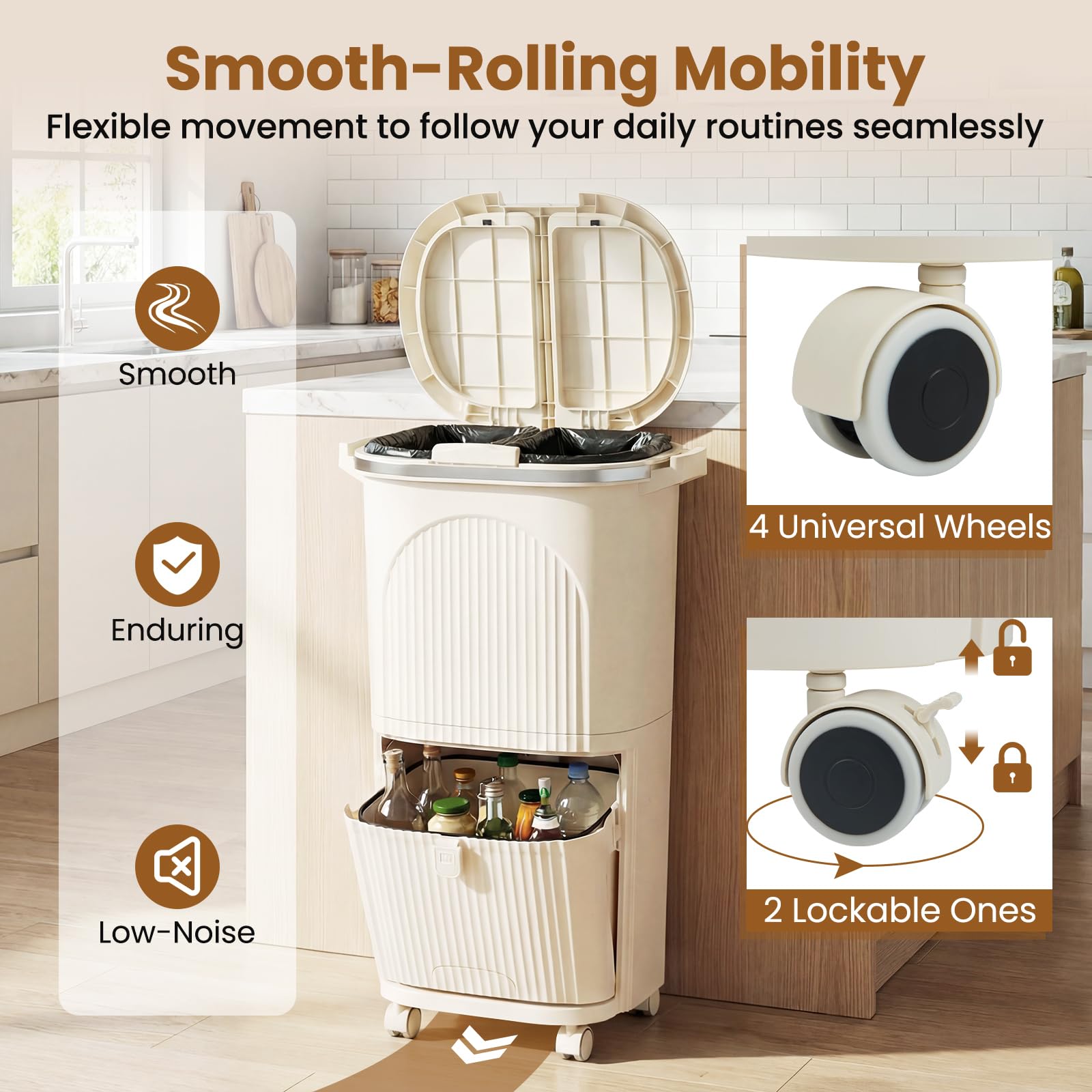 Giantex Bidone per Spazzatura Interno 38 L, Pattumiera da Cucina Differenziata a 3 Scomparti con Ruote e Maniglie, Secchio dei Rifiuti in PP on Coperchi a Pressione e Pedale (Beige)
