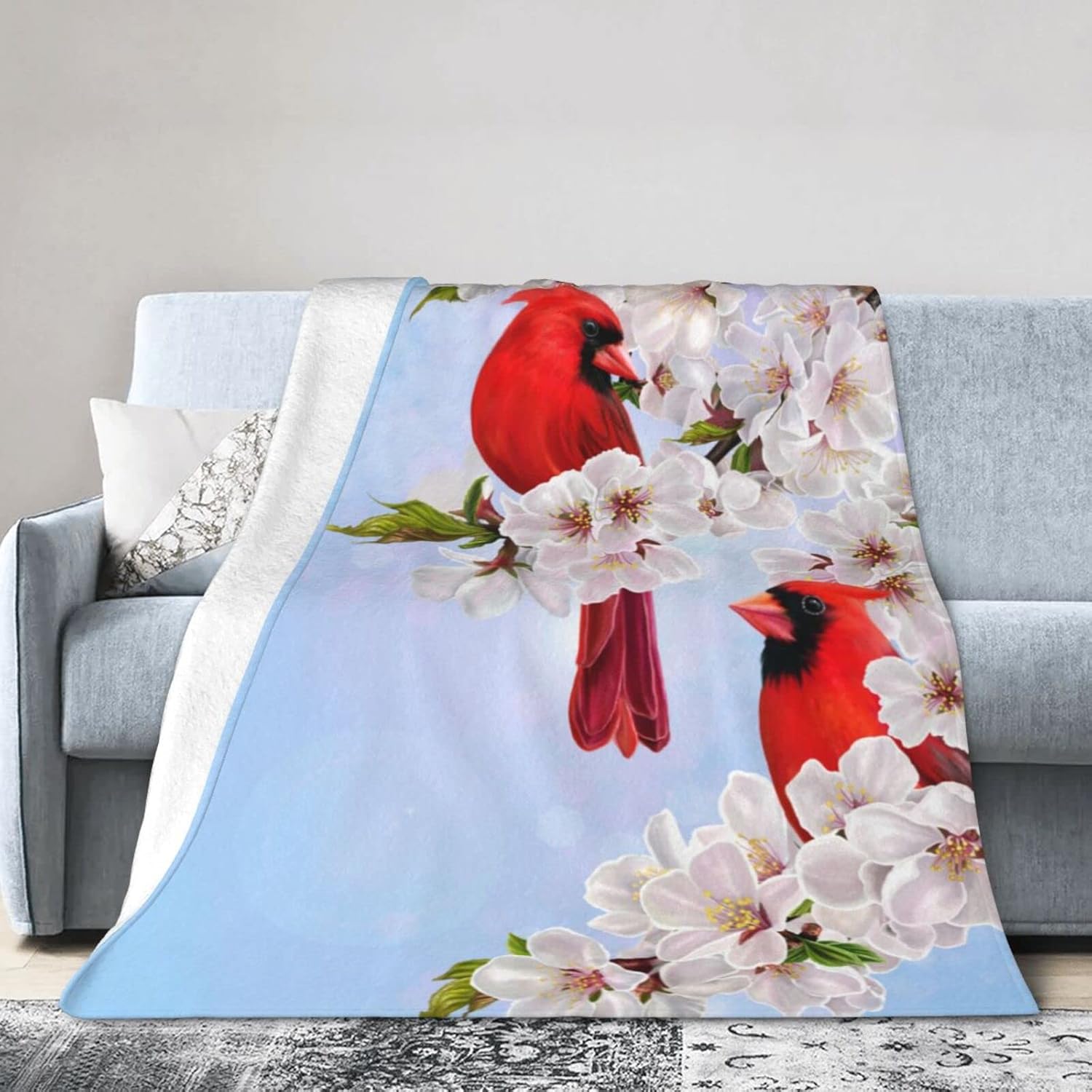 Perinsto Red Cardinal Birds and Cherry Flowers Throw Blanket Ultra Soft Warm All Season Decorative Fleece Blankets for Bed Chair Car Sofa Couch Bedroom 50"X40" - Image 9