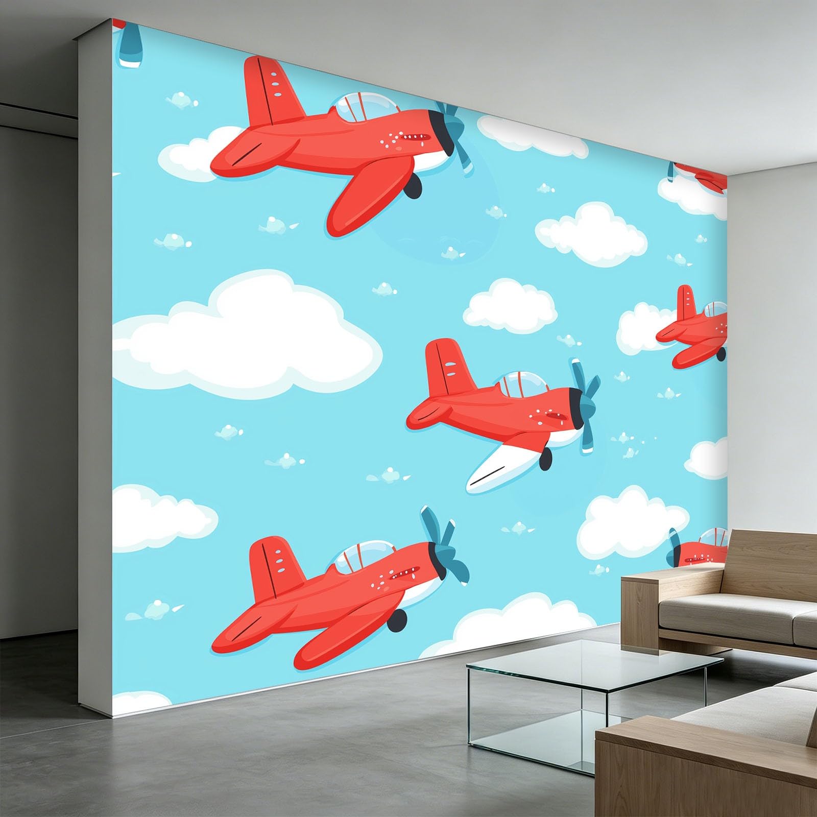 Générique Panoramiczna tapeta 200 x 140 cm Kreskówka Minimalistyczny samolot włóknina XXL fototapeta dekoracja ścienna gobelin salon sypialnia - tapeta Trompe l'eil efekt 3D, jasnoniebieska
