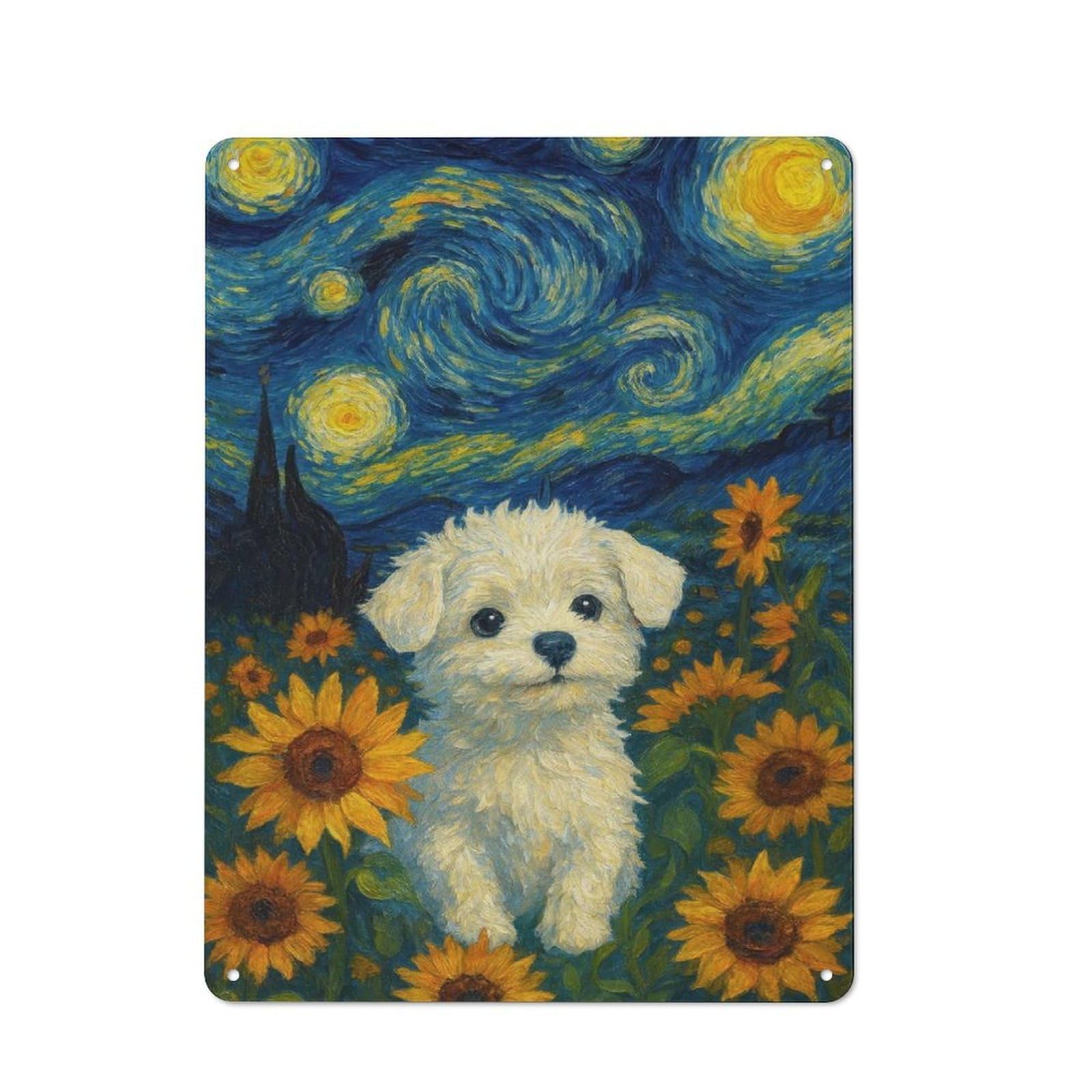 Junmoney Dog In Sunflower Field, Starry Night Tin Wall Plaque 40X30cm With For Home Office Or Studio, For Metal Sign Collectors, For Garage And Workshop Walls