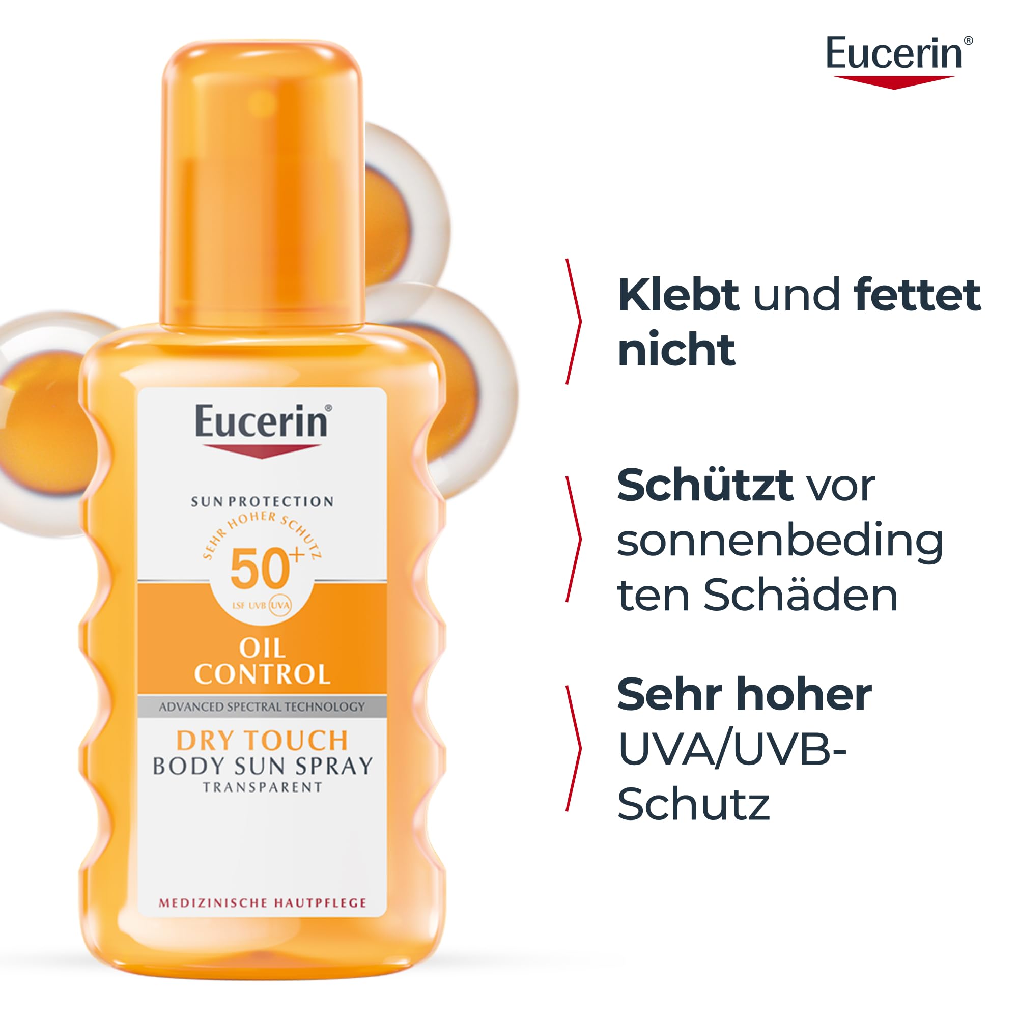 Eucerin Oil Control Body Sun Spray Transparent LSF 50+ 200 ml, transparentes Sonnenspray mit UVA/UVB-Filtern, wasserfester und schweißresistenter Sonnenschutz für Sportler*innen