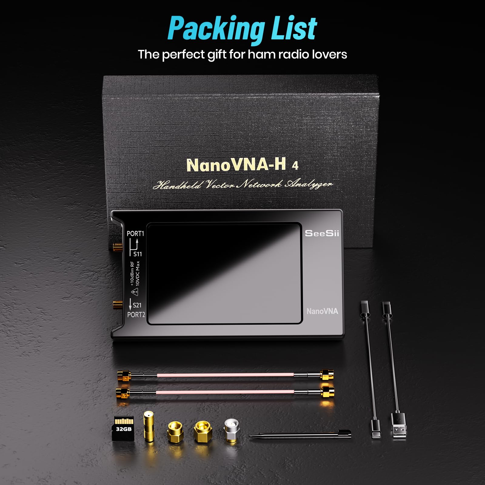 SeeSii NanoVNA-H4 Analizzatore di Rete Vettoriale con Scheda 32GB, Analizzatore di Antenna VNA V4,4 9KHz - 1,5GHz HF VHF UHF con 4'' Schermo Tattile per Parametri S, Diagramma di Smith