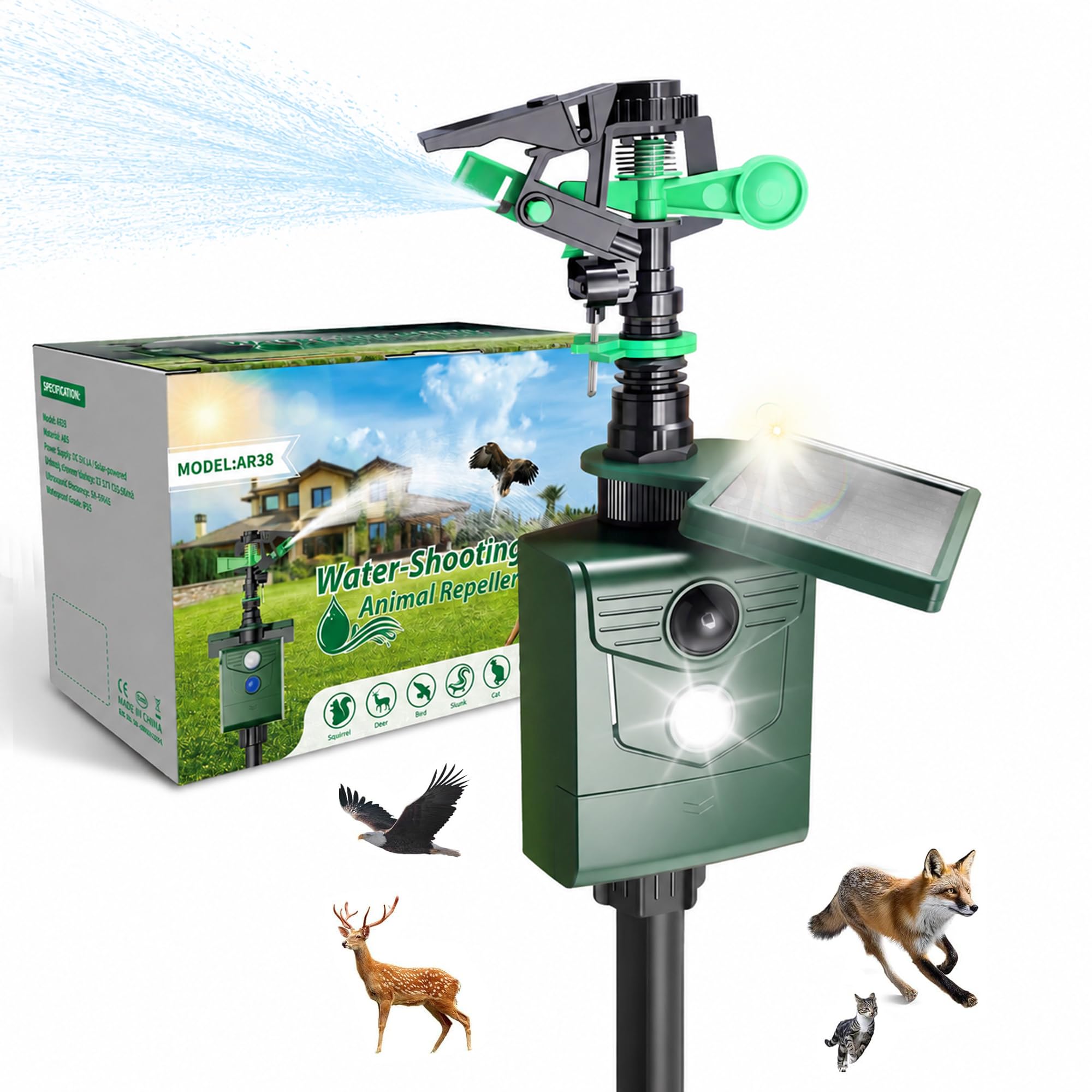 Getto d'acqua repellente per animali, repellente per gatti, giardino, procioni, rilevatore di movimento PIR, ricarica USB e ricarica solare in due modalità, repellente per uccelli