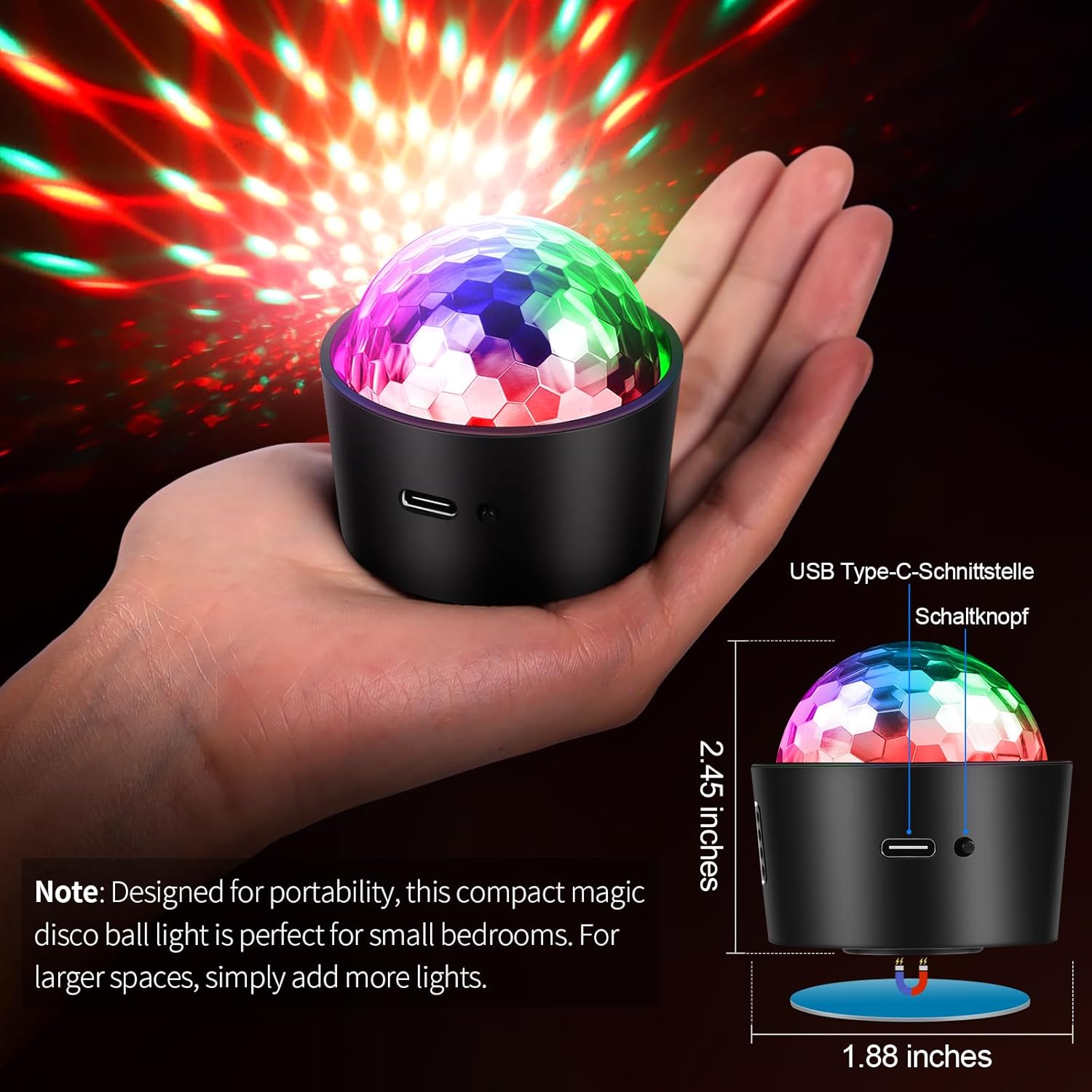 Mini Disco Ball Light,Rechargeable Party Lights,Sound Activated Strobe DJ Light,Portable Battery Operated,Night Lights Projector for Kids,Halloween,Disco Decoration for Car/Parties