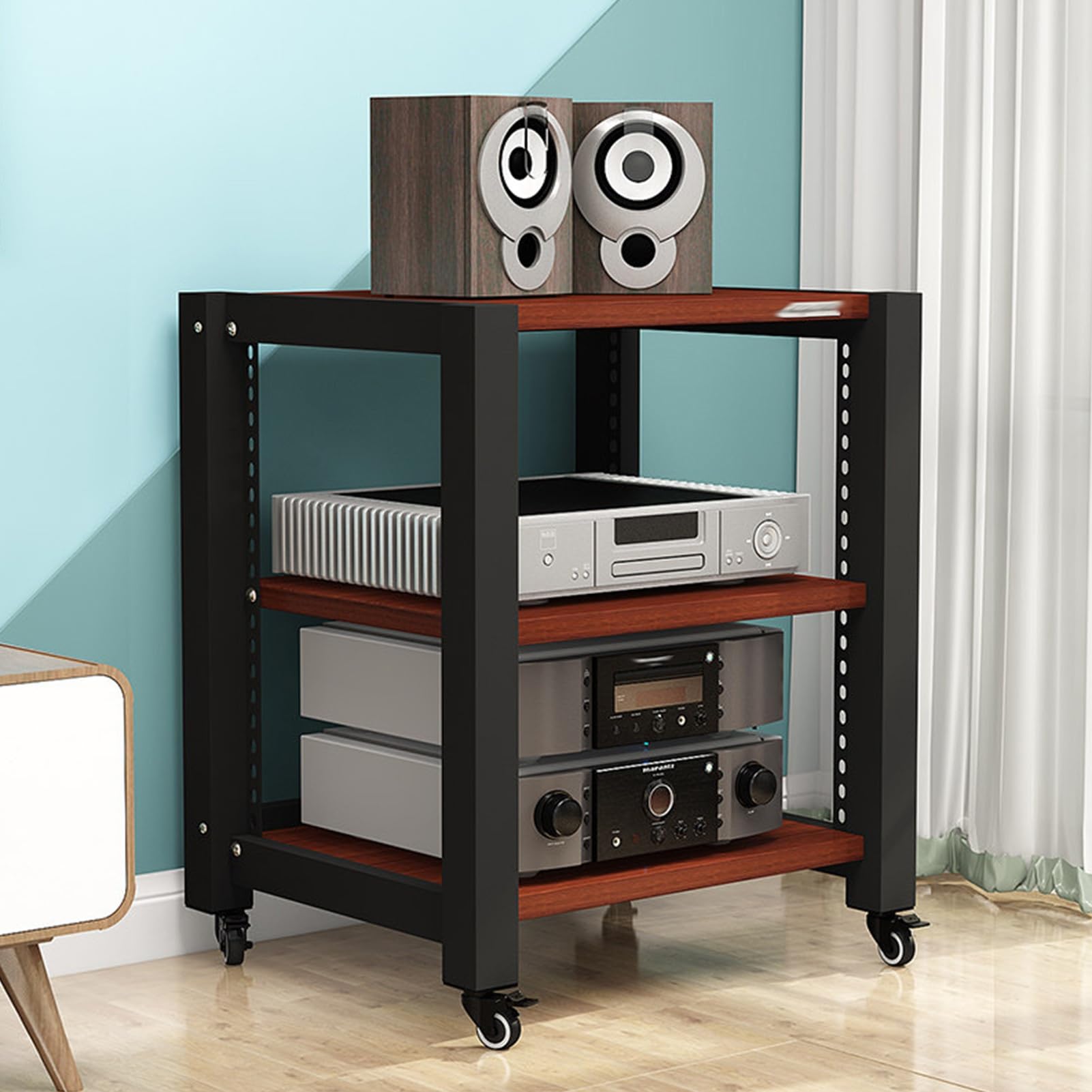 Wieża do Stojaków Audio, Gramofon CD, Odbiornik Stereo, Szafka na Sprzęt AV, Stojaki I Stojaki Stereo z Kółkami, Stojak Stereo do Domu, Biura, Teatru(Brown,3 tier 64cm/25.1in)