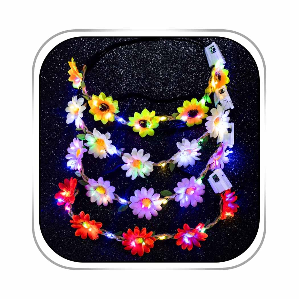 Foyte 4PCS Light Up Sunflower Headbands Daisy Floral Crown Hawaiian Headpieces Fairy Flower Hair Accessories for Summer Party (purple,yellow,ivory,red, a)