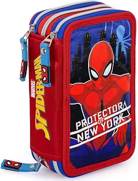 School Pencil Case with 3 Zips, Complete Child   for Spiderman Fan   45 Pieces School Supplies   Triple Pencil Case with Erasable Pens, Markers, Coloured Pencils, 6 to 12 Years