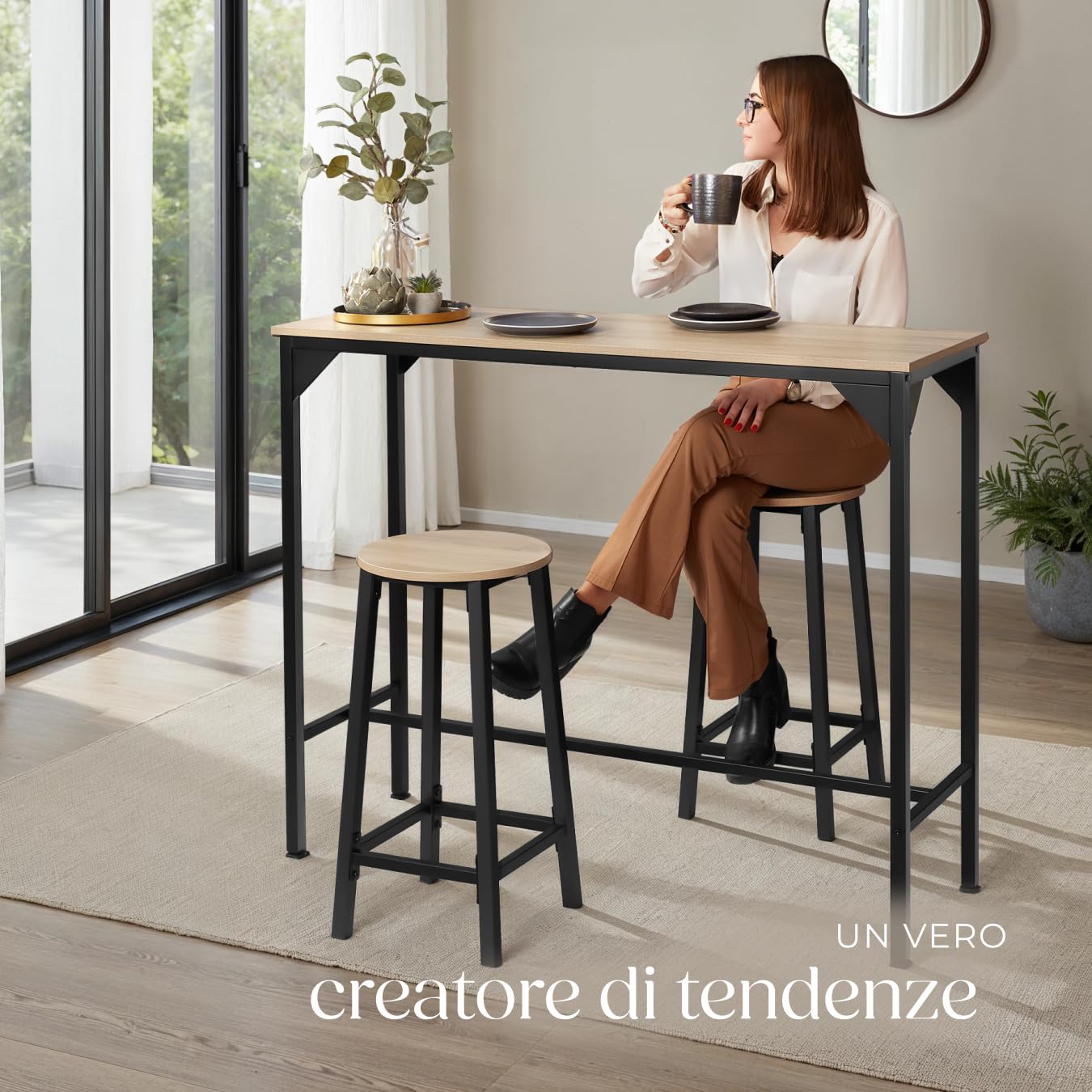 tectake® Tavolo Alto da bar snello, Tavolo stile industriale minimalista, Bancone Bar, supporto in acciaio verniciato, piedi regolabili 120 x 40 x 100,5 cm, Casa e Cucina - Legno Industriale Chiaro
