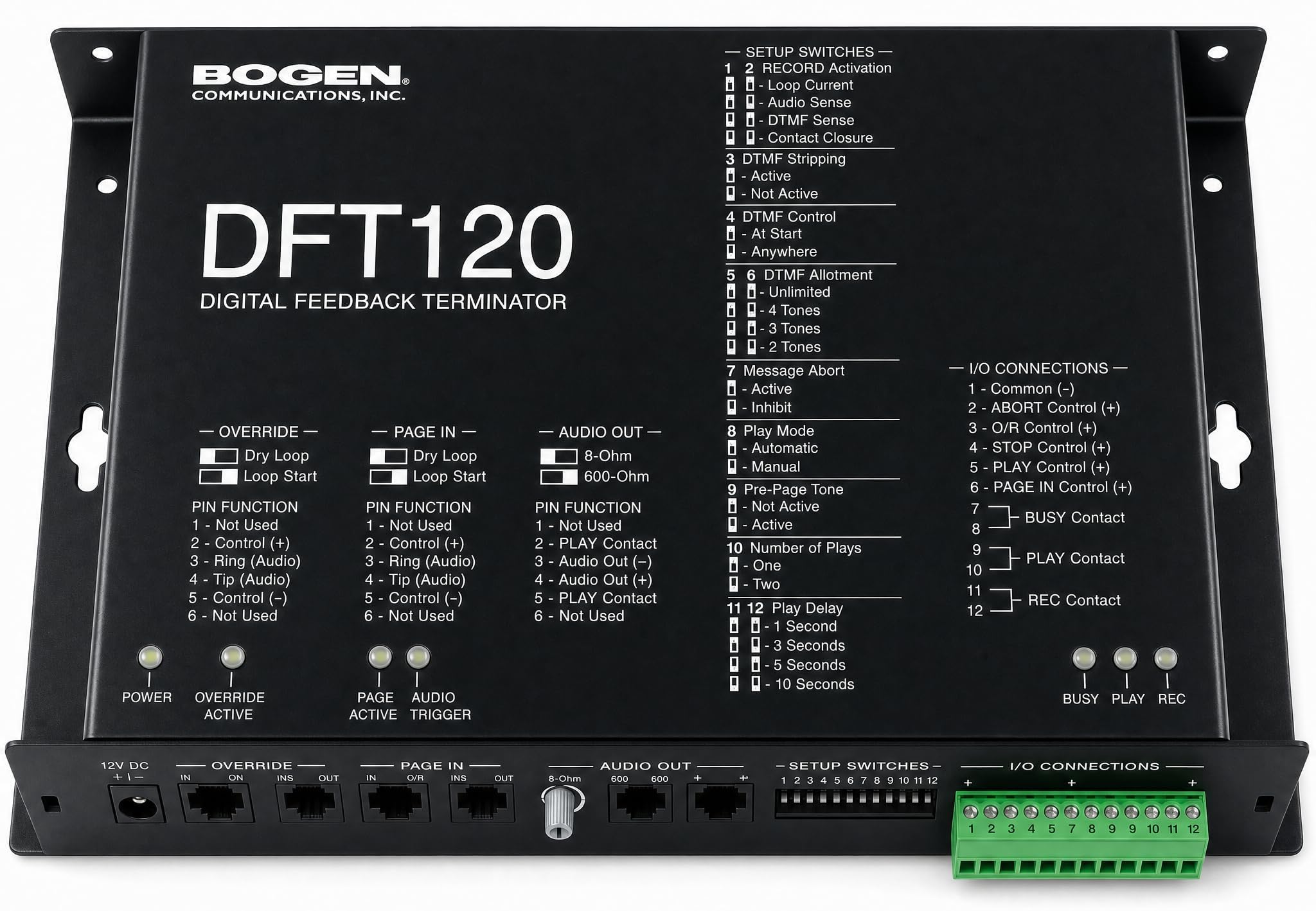 Bogen DFT120 Digital Feedback Terminator, Black, 240 Seconds Audio Memory, 16 Message Page Stacking, Loop Start Trunk or 4-Wire Dry Loop, 8 Ohm/600 Ohm Output