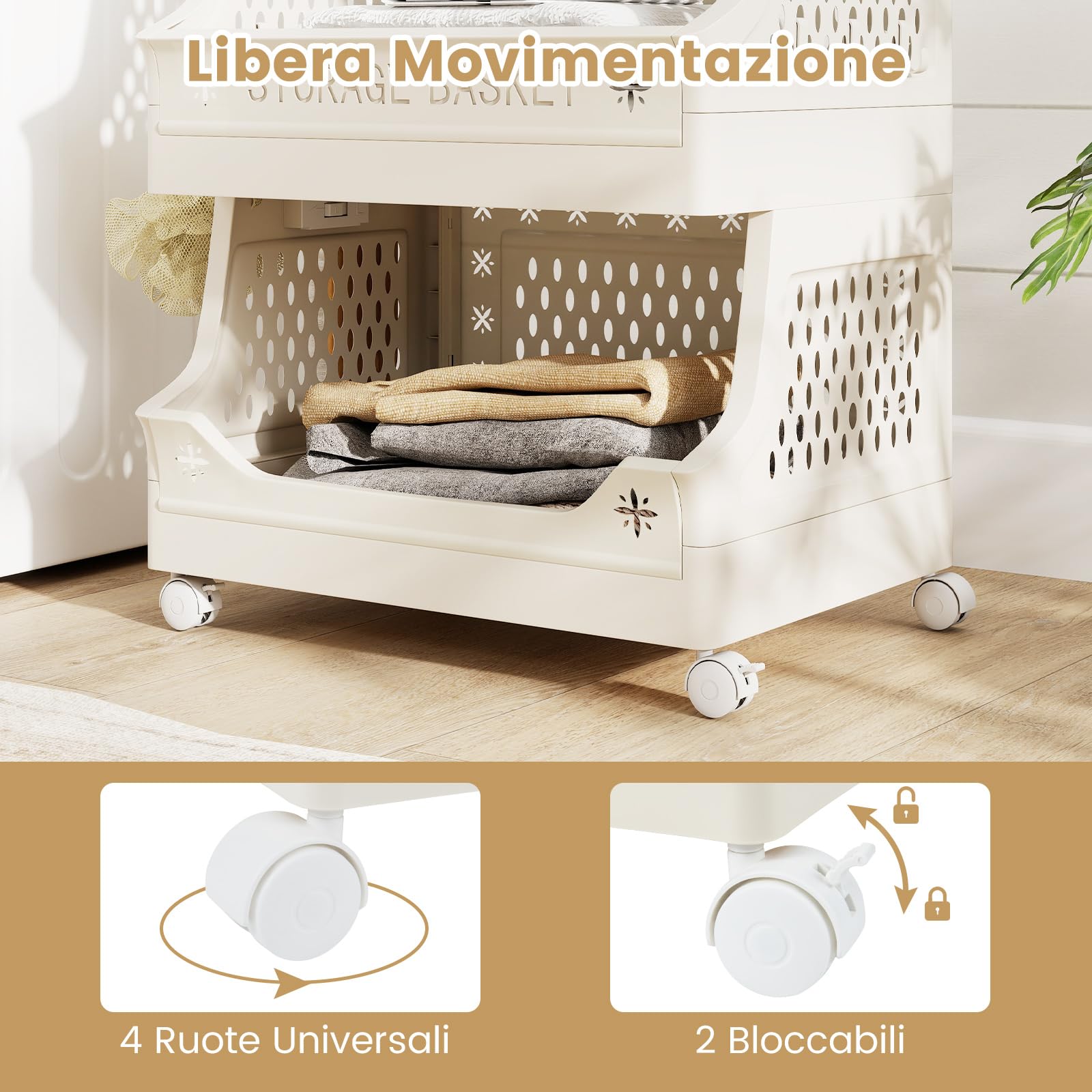 COSTWAY Carrello Portaoggetti Impilabile a 3 Piani con Ruote, Organizzatore in Plastica con Maniglie e Ganci, per Lavanderia, Bagno e Soggiorno (3 Livelli)