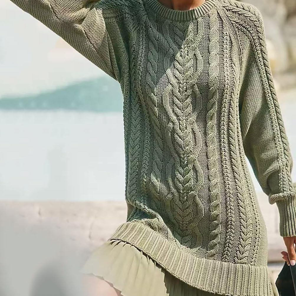 Mini Abito in Maglia a trecce con Scollo Rotondo da Donna, Abito in Maglia a trecce con Scollo Rotondo Casual e Maniche Lunghe, Completo Autunnale da Donna