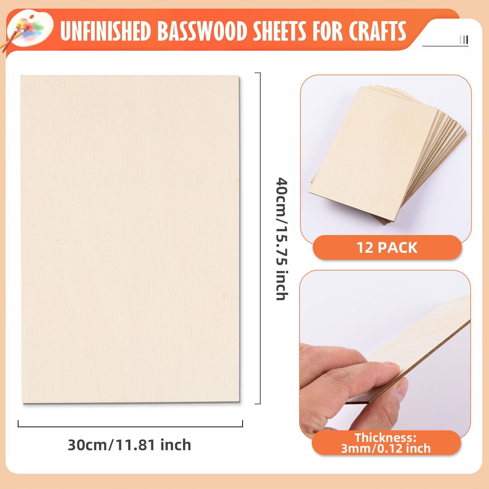 12 Pack Plywood Sheets for Crafts 300 x 400 x 3mm Unfinished Basswood Sheets Blank Plywood Boards Craft Rectangular Wood for Woodcraft Painting - Image 2