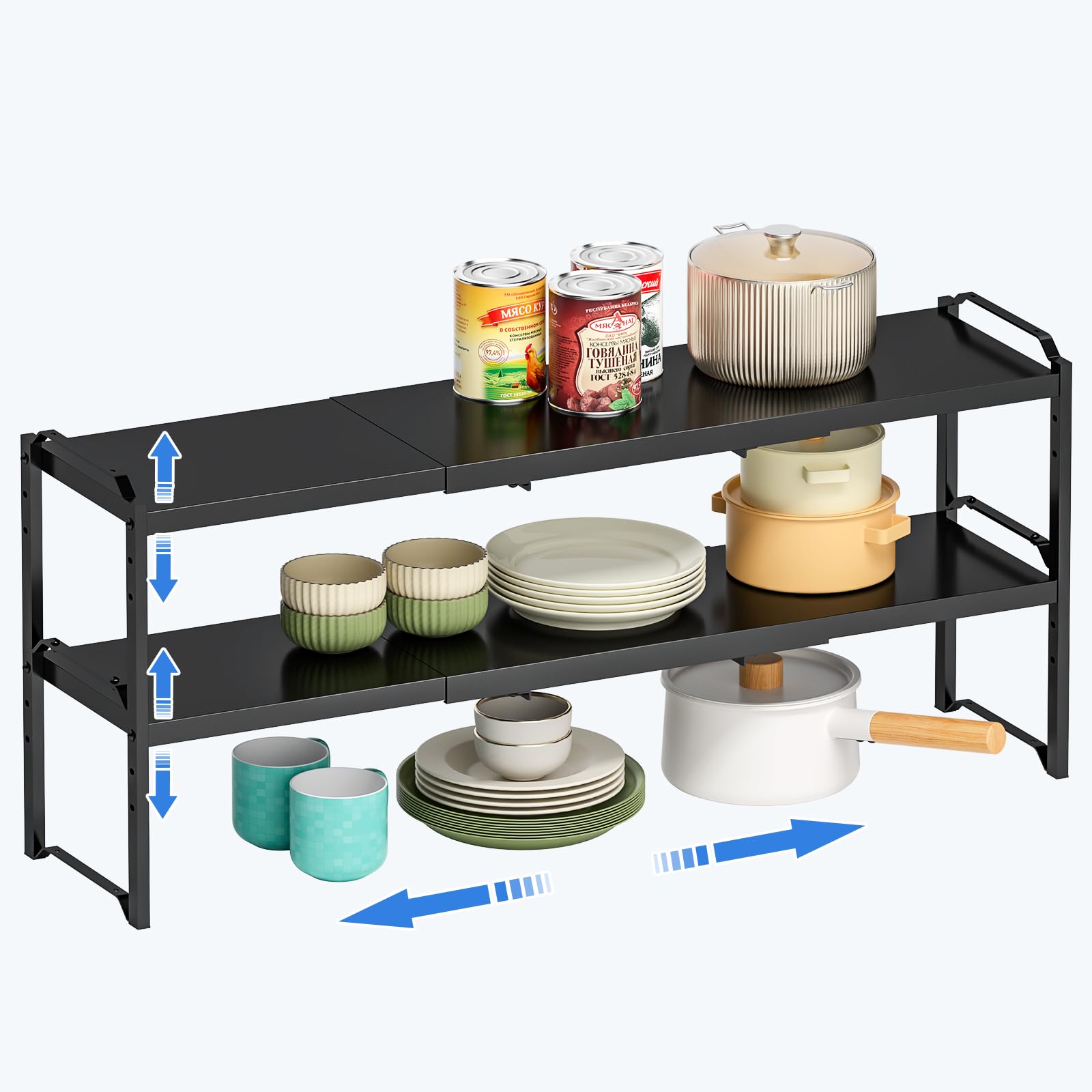 Metal Storage Shelves For Kitchen Pantry, Cabinet Shelf Organizer, Adjustable Height, Expandable Length, Stackable Design,50 LBS Load Capacity, For Dishes Spices Cans Plates Cans Bottles Cups Mugs