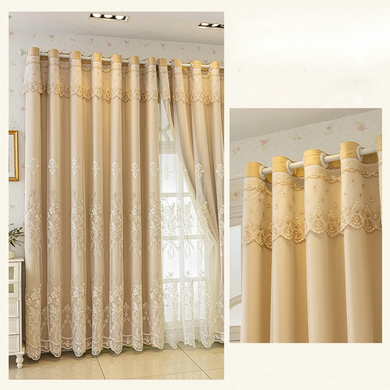Rideau Fenetre Longue, Occultant Rideau Chambre Crémeux Polyester Double Couche avec Broderies Florales Lot de 2 LxH 86x115cm