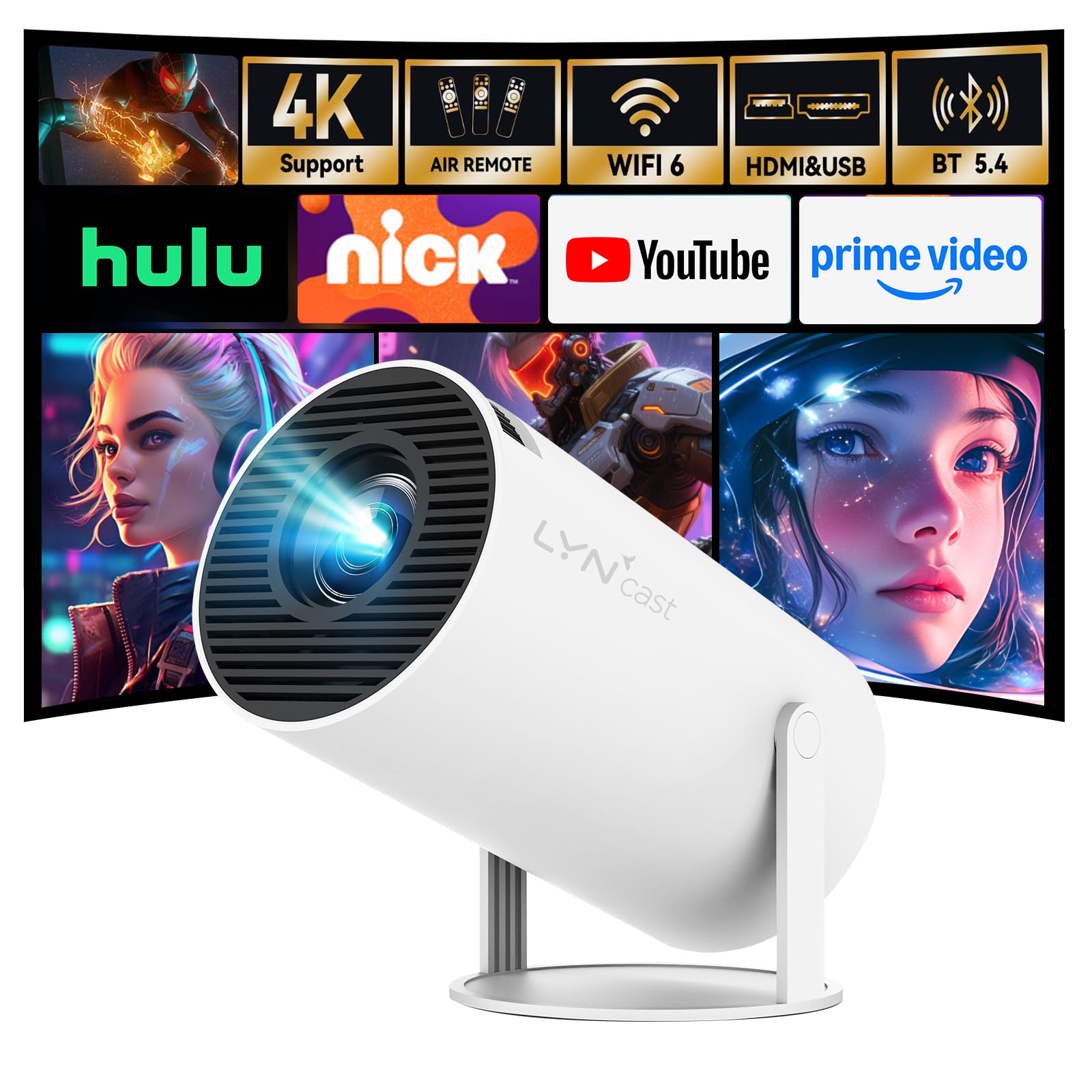 [Built-in Apps Upgrade] Smart Projector with Wi-Fi 6 and Bluetooth 5.4, Support 4K Full HD, Automatic Keystone Correction 360° Portable Mini Movie Projector for iOS/Android