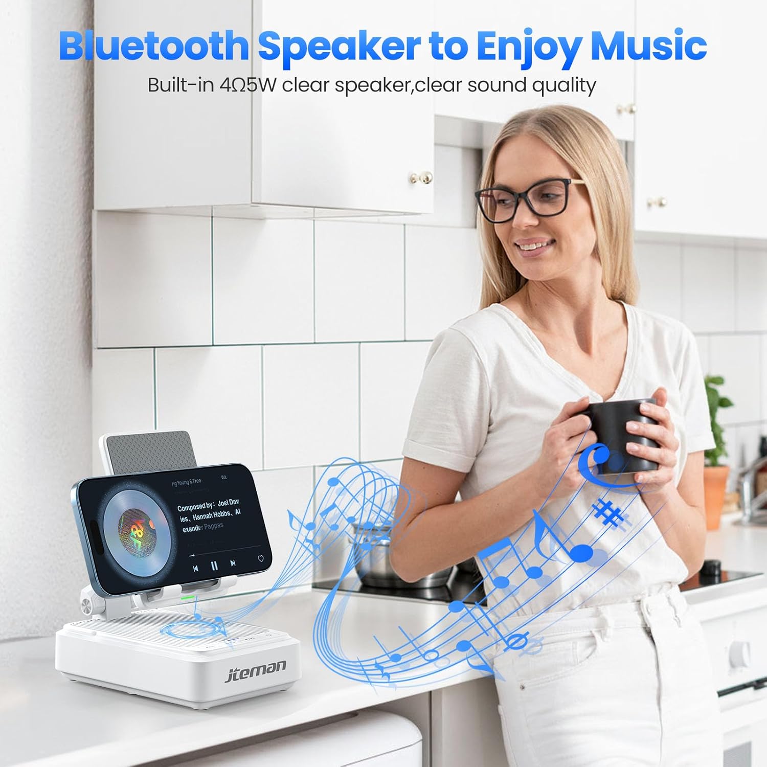 Jteman Cell Phone Stand with Bluetooth Speaker and Wireless Charger,Desktop Charging Station Stand Speaker for iPhone,Christmas Birthday Gift for Men Women (White)