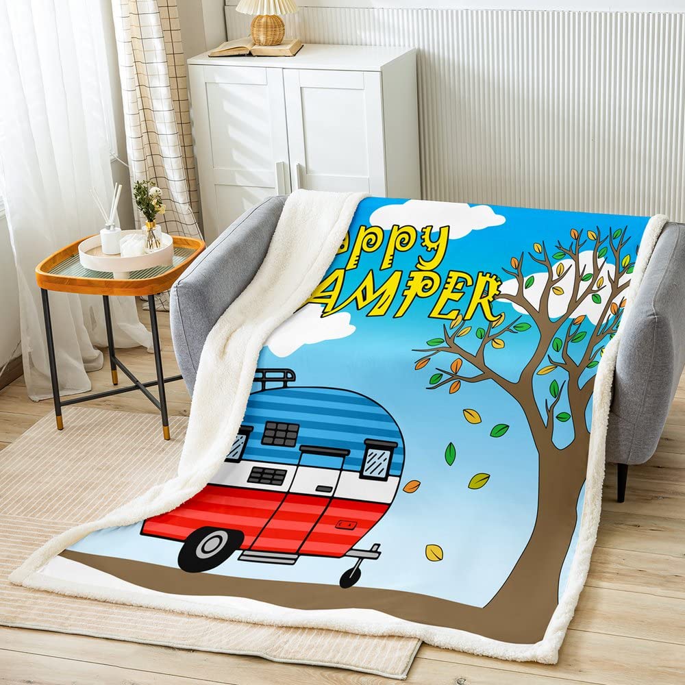 Coperta in pile per bambini felice, per campeggio, campeggio, auto, camper, per divano, letto matrimoniale, 200 x 200 cm
